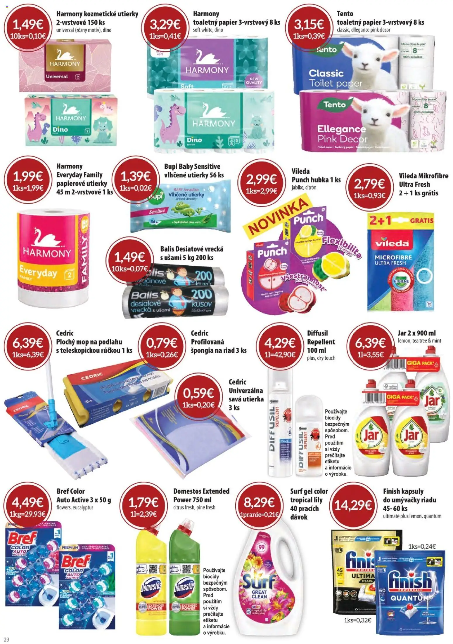 Nové CBA Komfos akcie – leták je platný od 04.06.2026 | Strana: 23 | Produkty: Mop, Hubka, Toaletný papier, Jar