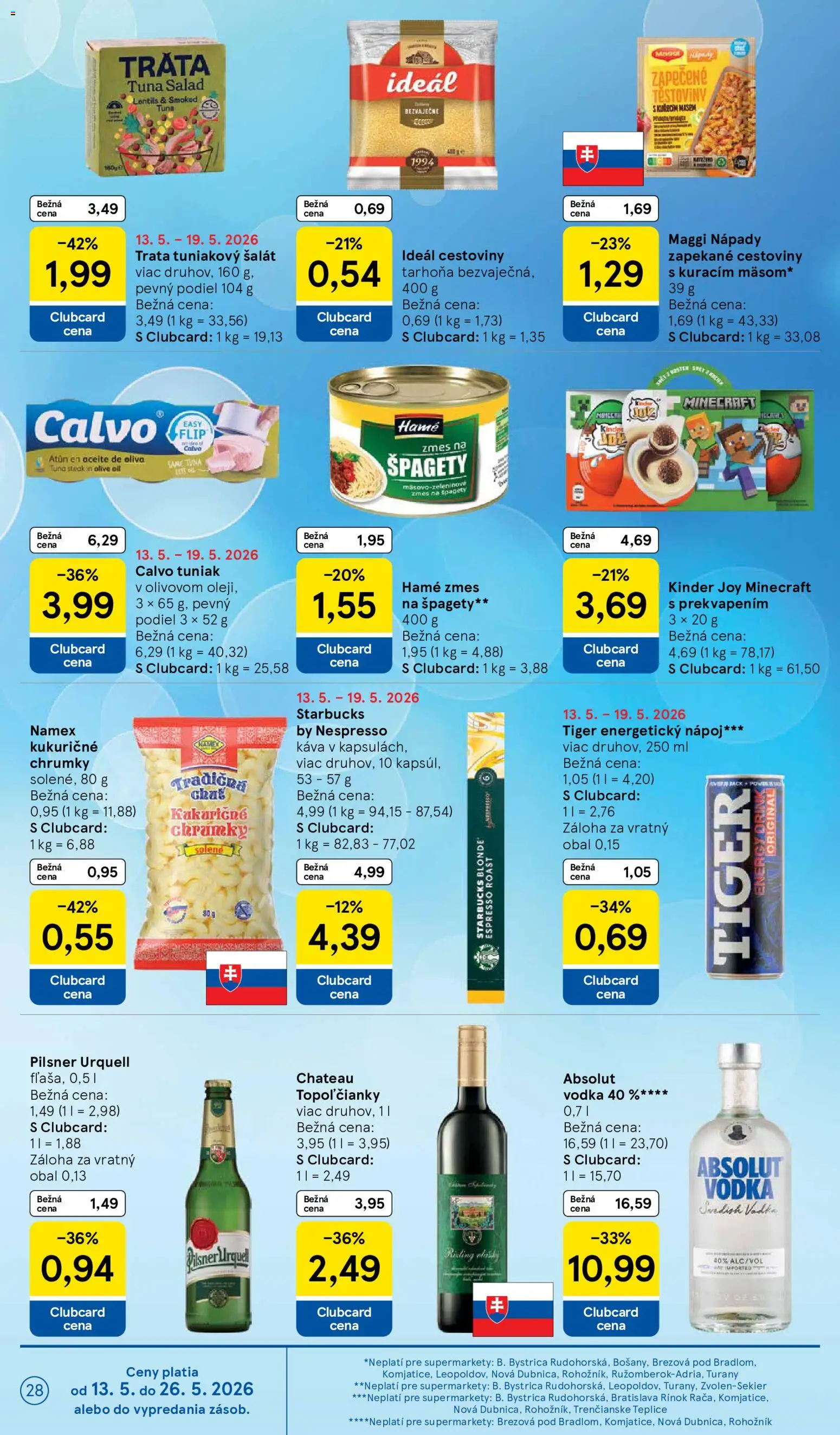 Nové Tesco akcie – leták je platný od 13.05.2026 | Strana: 28 | Produkty: Tuniak, Cestoviny, Steak, Tarhoňa