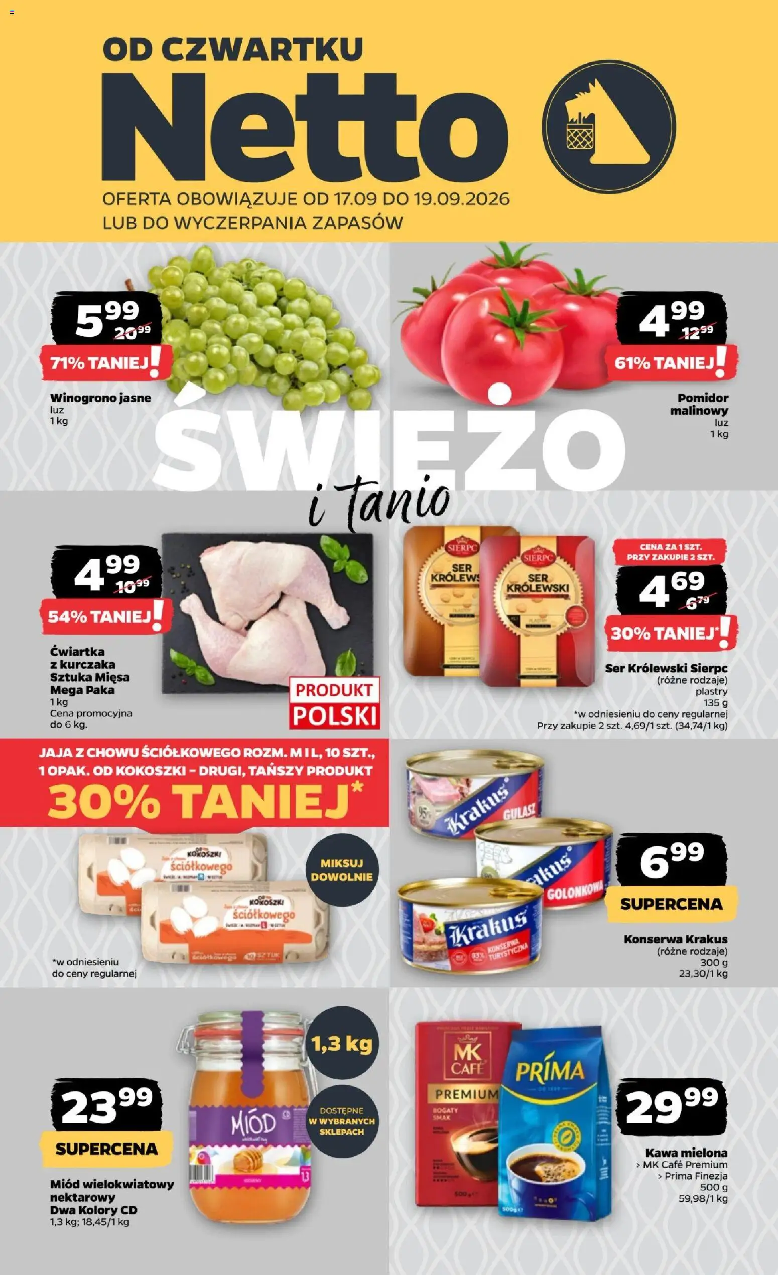 Netto gazetka od czwartku od 17.09.2026 | Strona: 1 | Produkty: Winogrono, Miód, Ser królewski sierpc, Kawa mielona