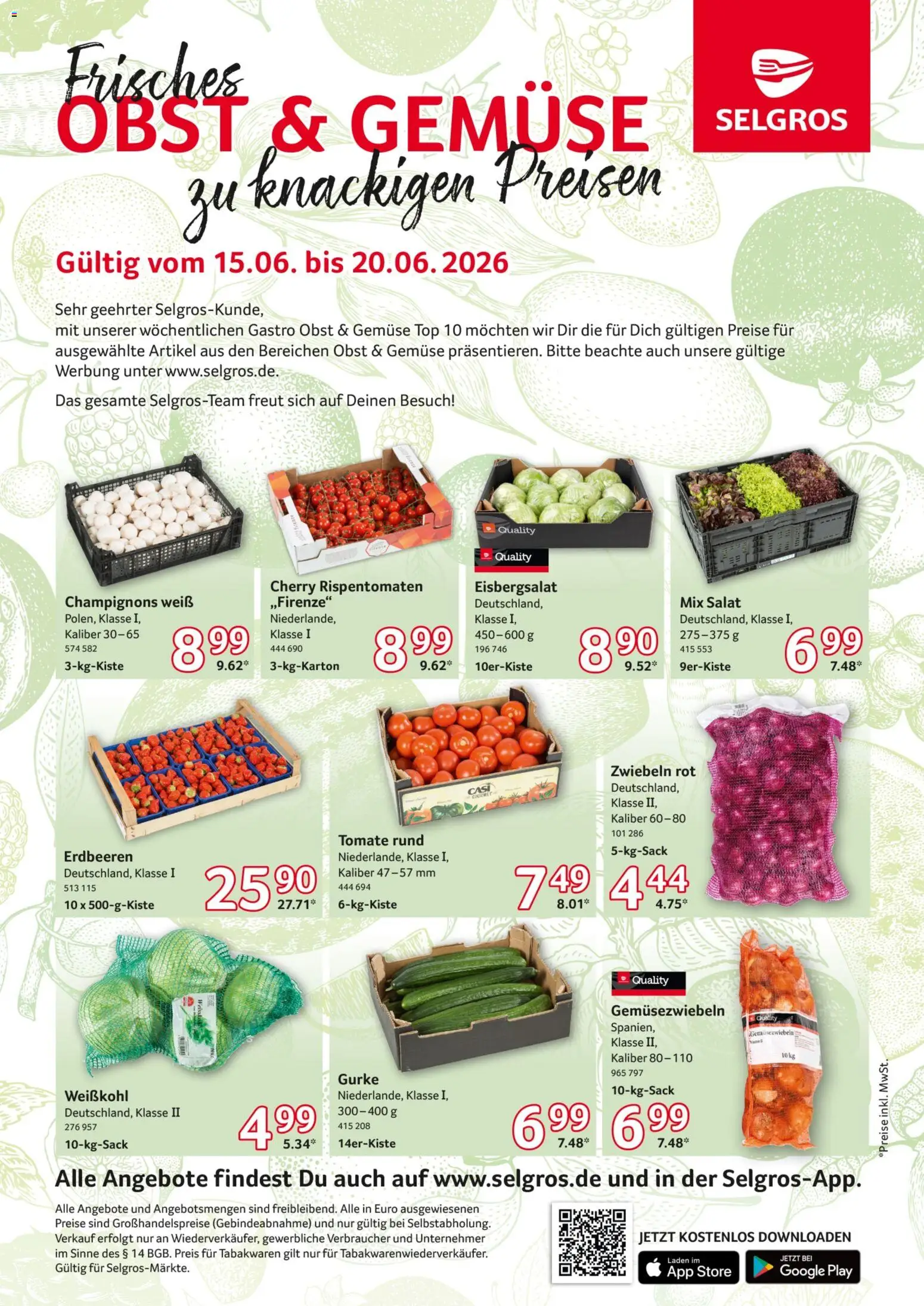 Selgros Obst & Gemüse – gültig ab 15.06.2026 | Seite: 1 | Produkte: Top, Eisbergsalat, Champignons, Erdbeeren