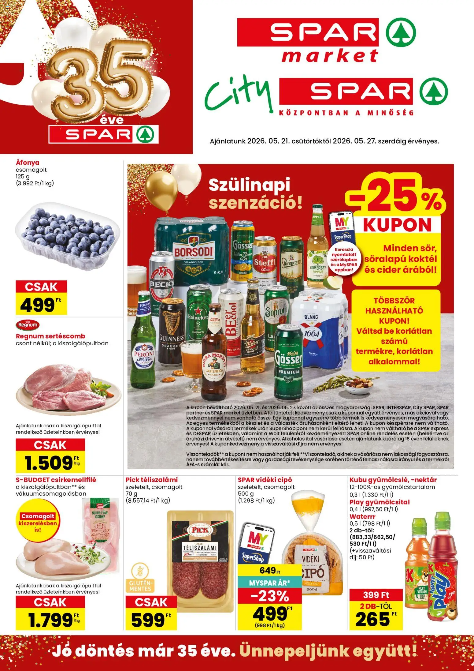 Spar Market akciós ujság - amely érvényes a következő dátumtól: 21.05.2026 | Oldal: 1 | Termékek: Heineken, Cider, Téliszalámi, Citrom