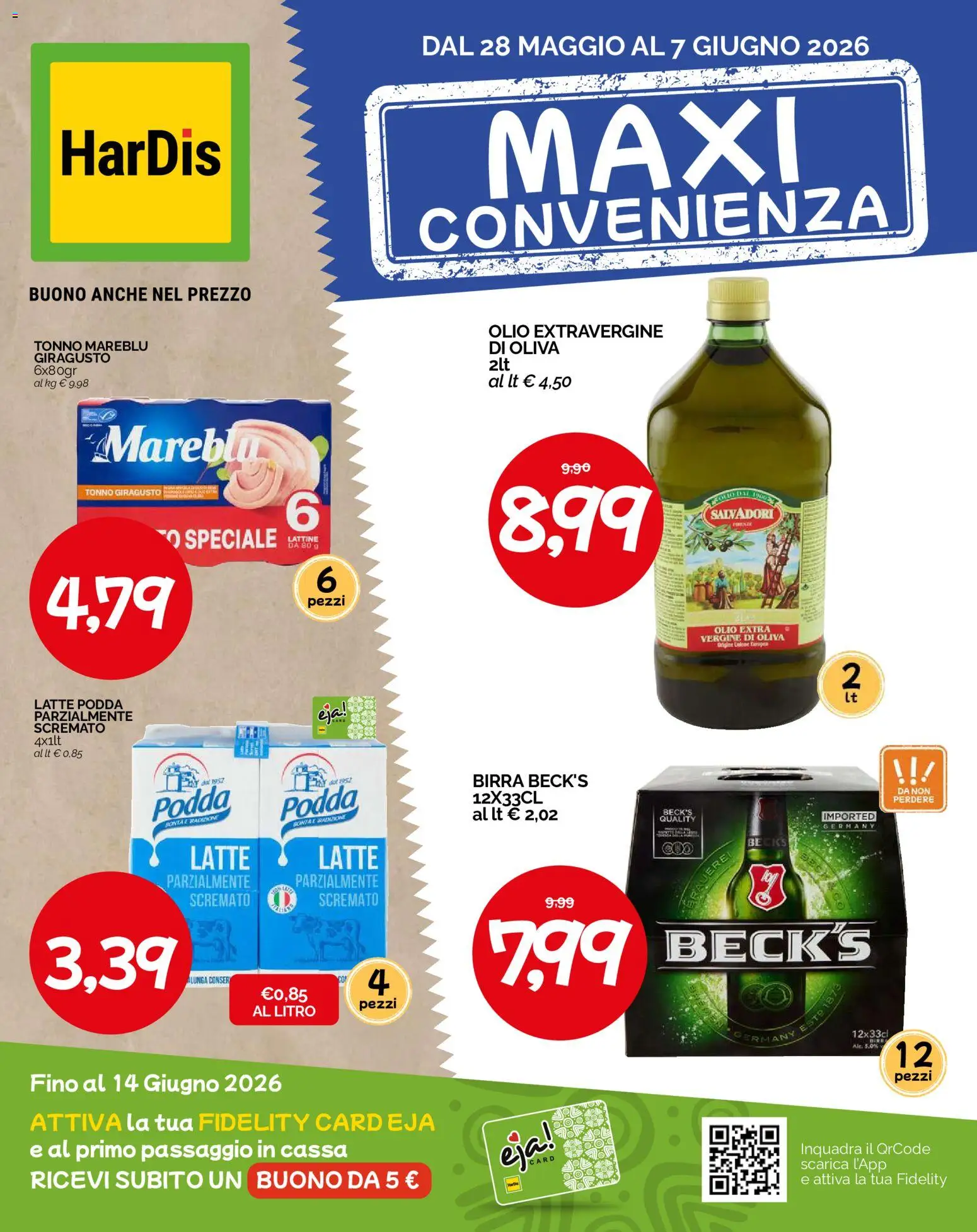 Volantino HarDis del 28.05.2026 | Pagina: 1 | Prodotti: Birra, Latte, Olio, Olio extra vergine