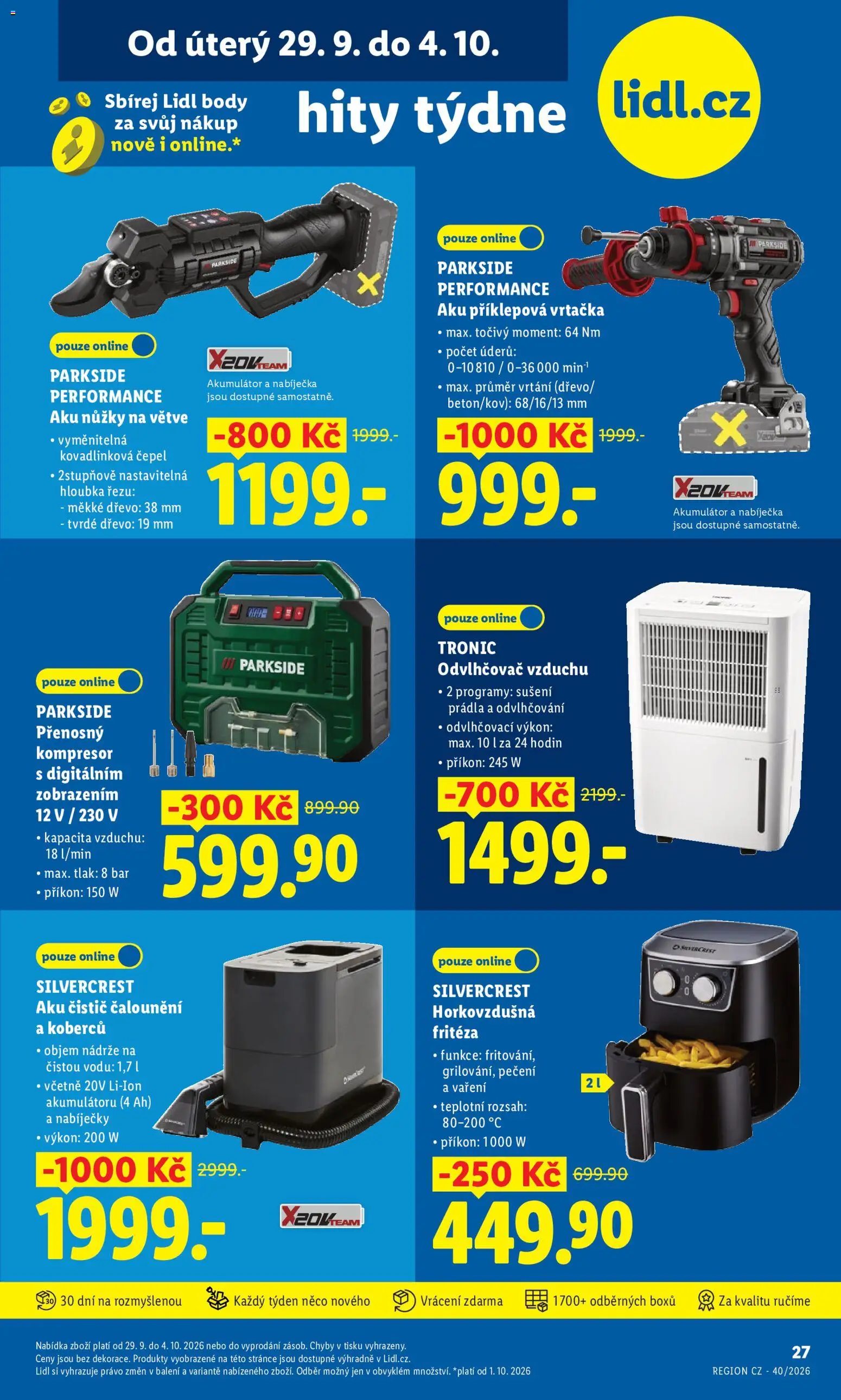 Lidl leták - Hity týdne od 29.09.2026 | Strana: 1 | Produkty: Nůžky, Odvlhčovač, Přenosný kompresor, Vrtačka