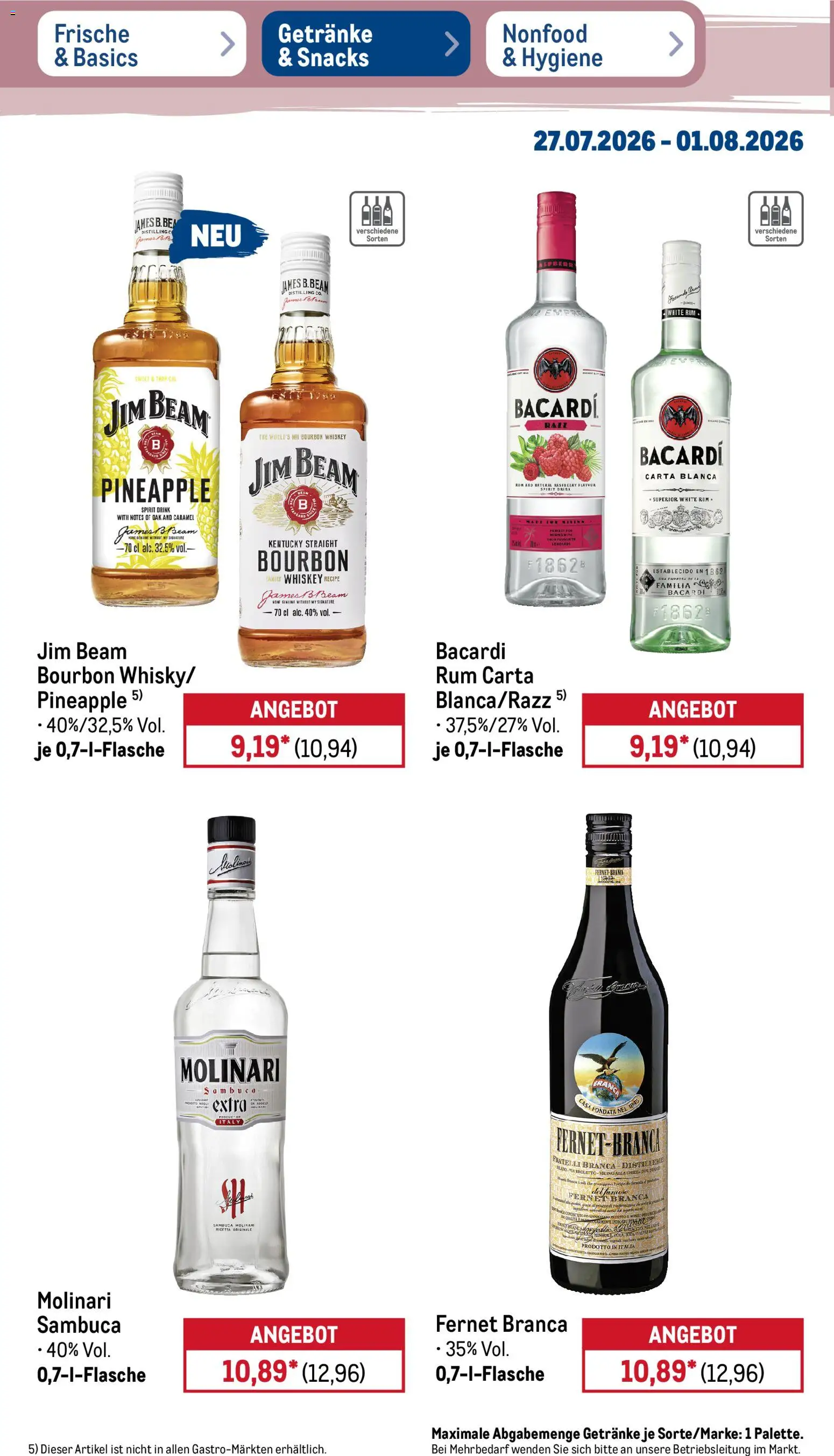 Metro NonFood-Angebote – gültig ab 27.07.2026 | Seite: 24 | Produkte: Bacardi, Rum, Whiskey, Fernet branca