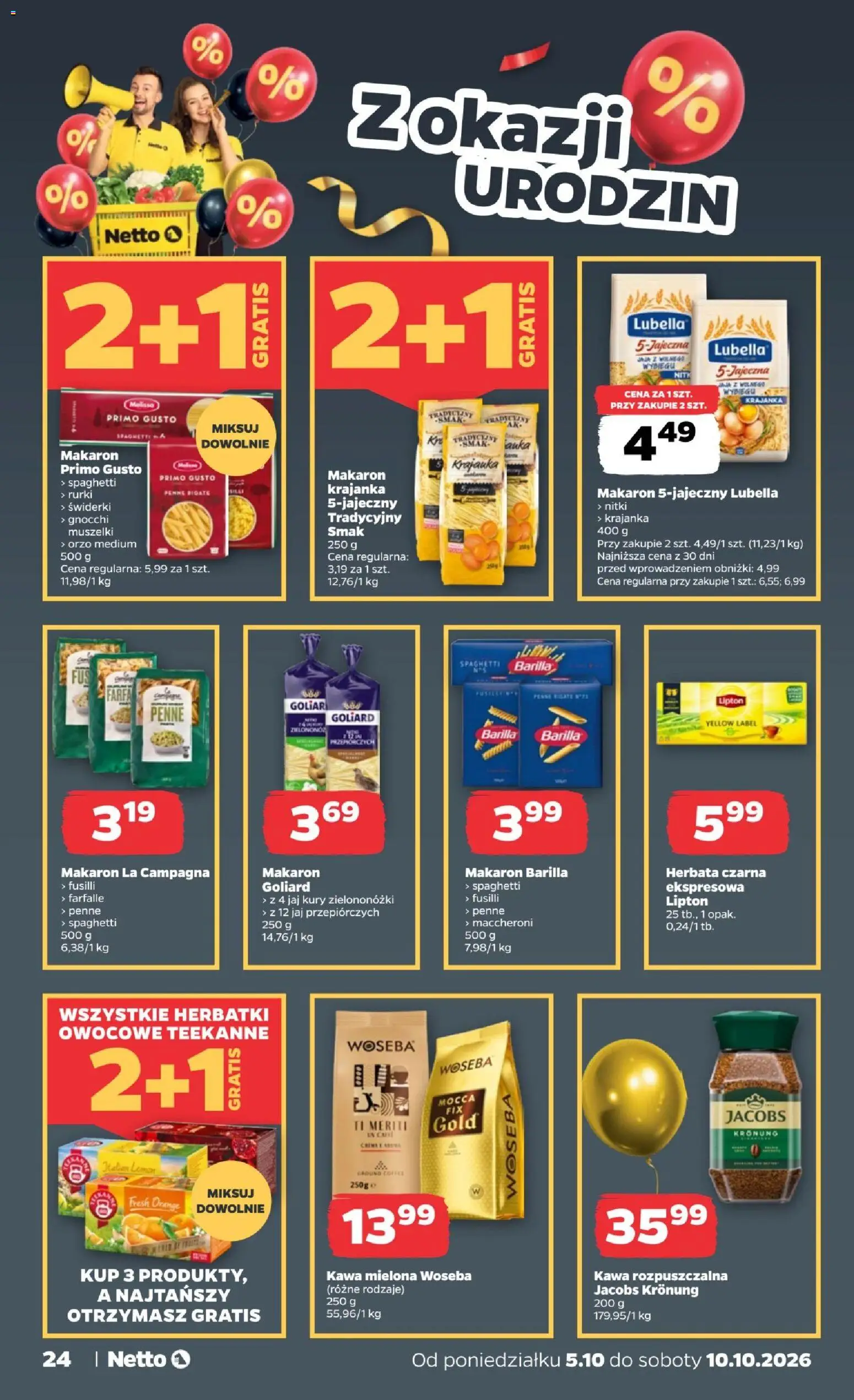 Netto gazetka od poniedziałku od 05.10.2026 | Strona: 24 | Produkty: Herbata czarna, Makaron Barilla, Penne, Kawa rozpuszczalna Jacobs Kronung
