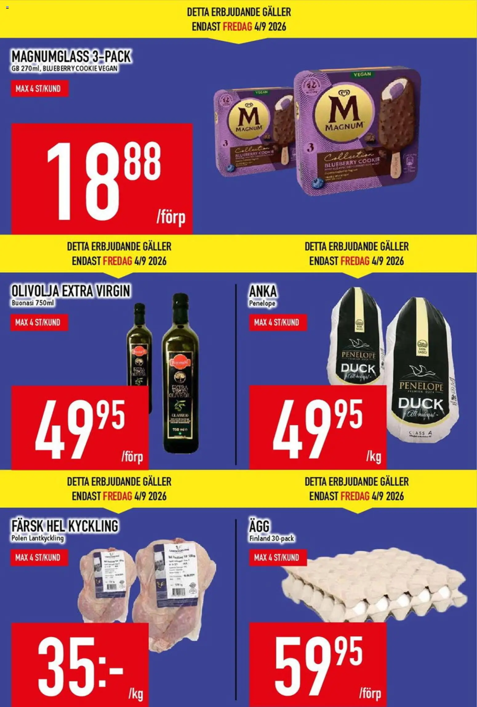 Matdax reklamblad aktuell från 31/08/2026 | Sida: 4 | Produkter: Hel kyckling, Galler, Magnum, Anka