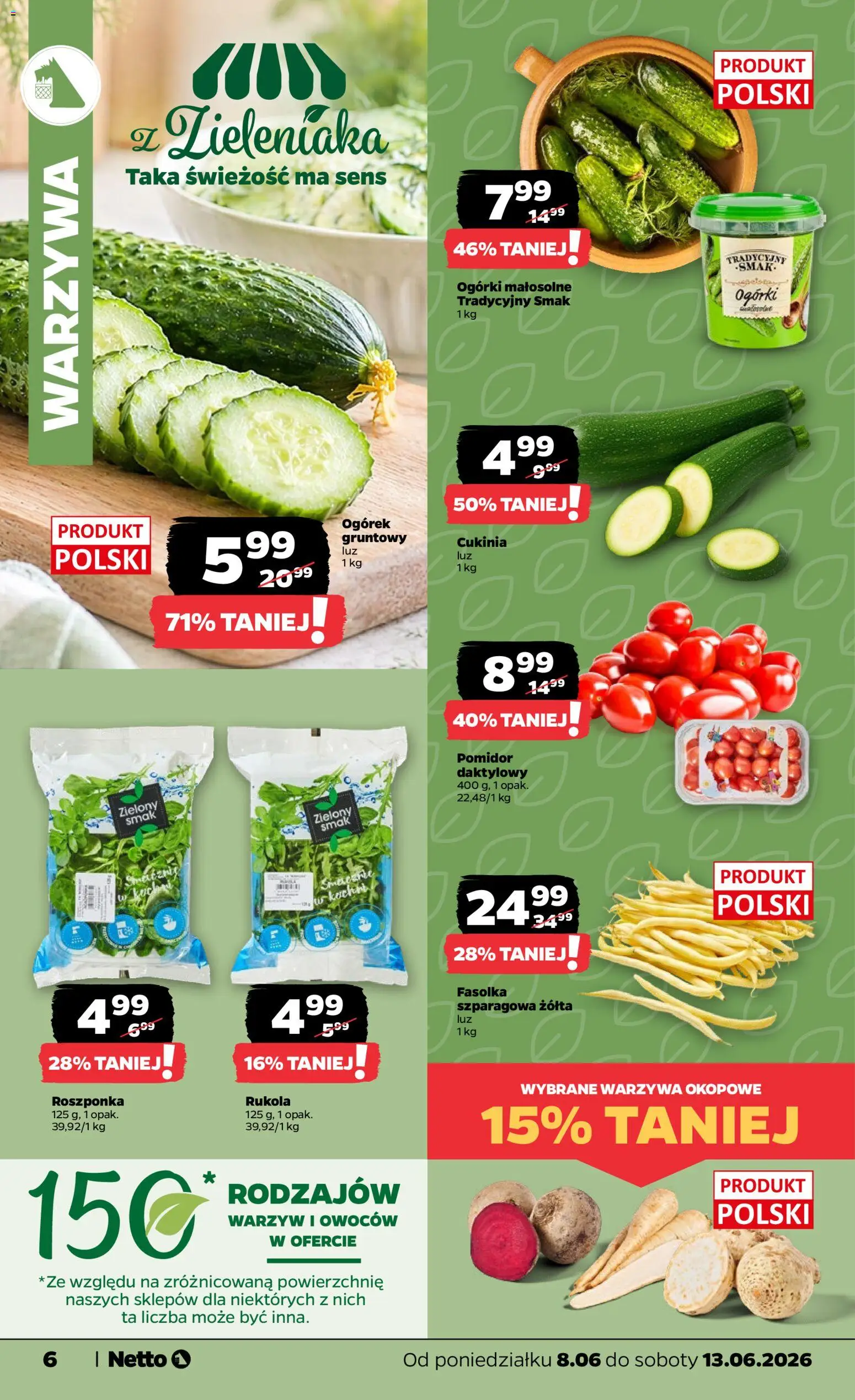 Netto gazetka od poniedziałku spożywcza od 08.06.2026 | Strona: 6 | Produkty: Cukinia, Rukola, Fasolka szparagowa, Ogórki