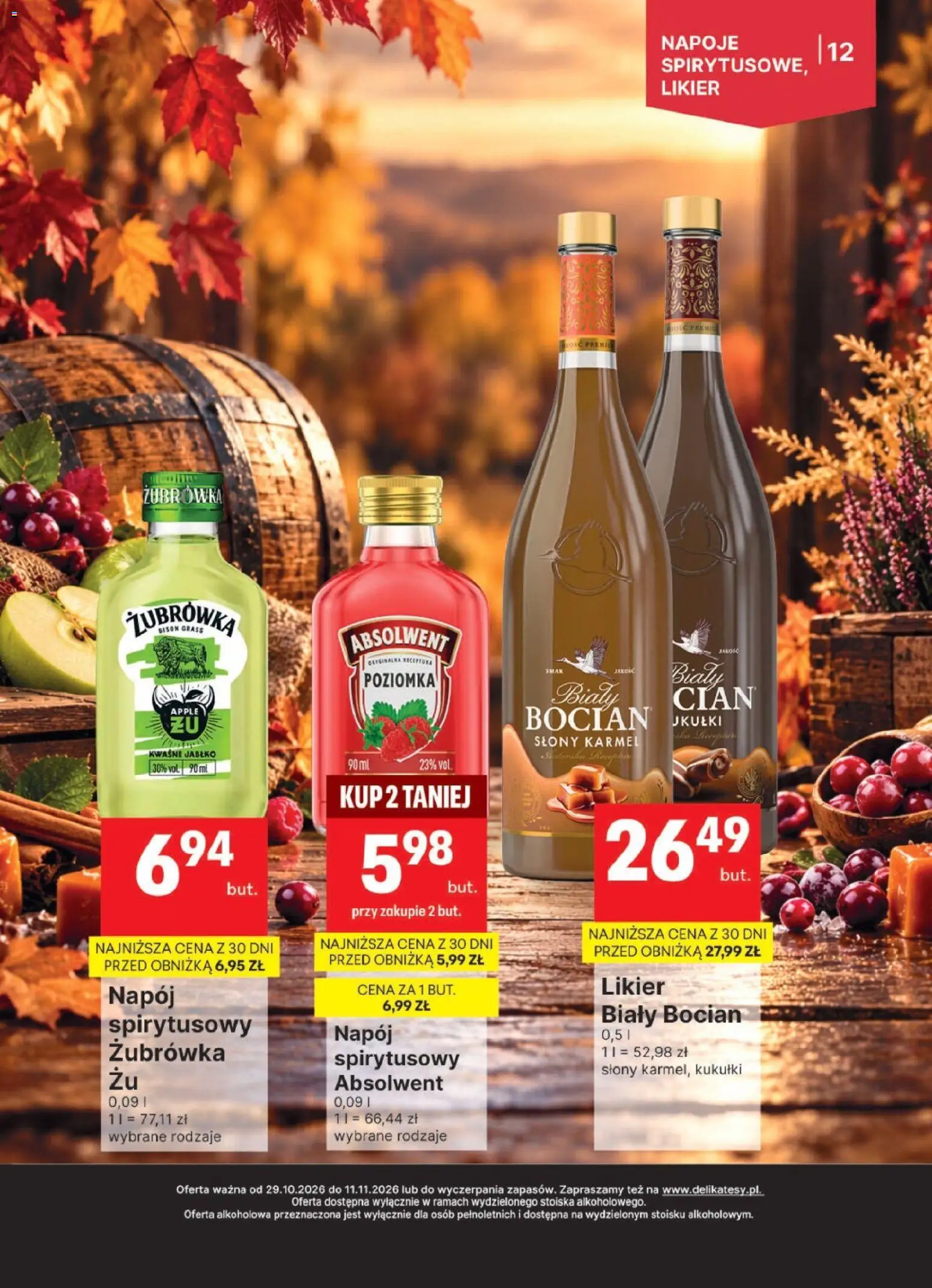 Delikatesy Centrum gazetka - DeliBarek od 29.10.2026 | Strona: 12 | Produkty: Słony karmel, Napoje, Żubrówka, Biały Bocian