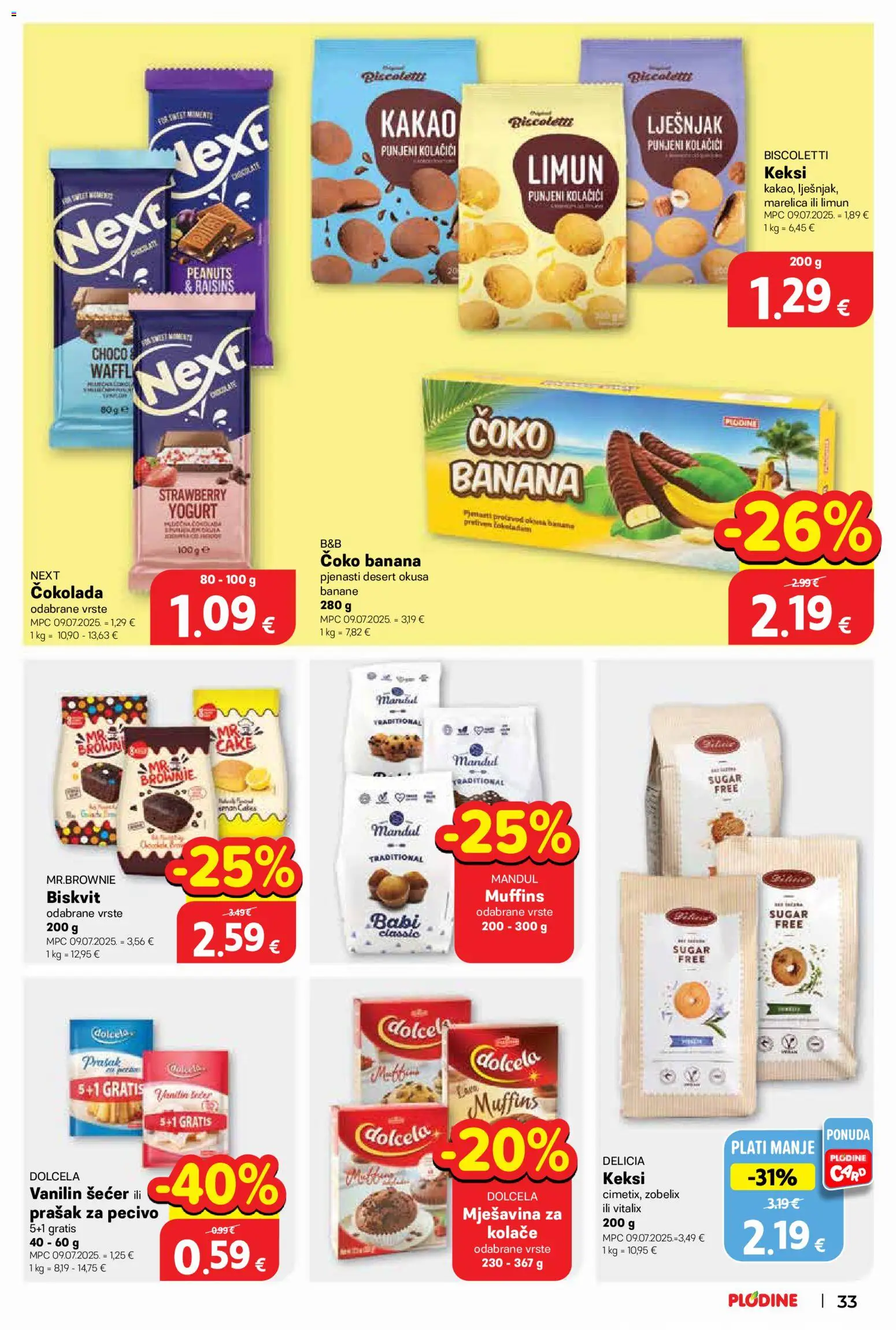Plodine katalog | vrijedi od 13.05.2026 | Stranica: 33 | Proizvodi: Prašak za pecivo, Čokolada, Banane, Pecivo