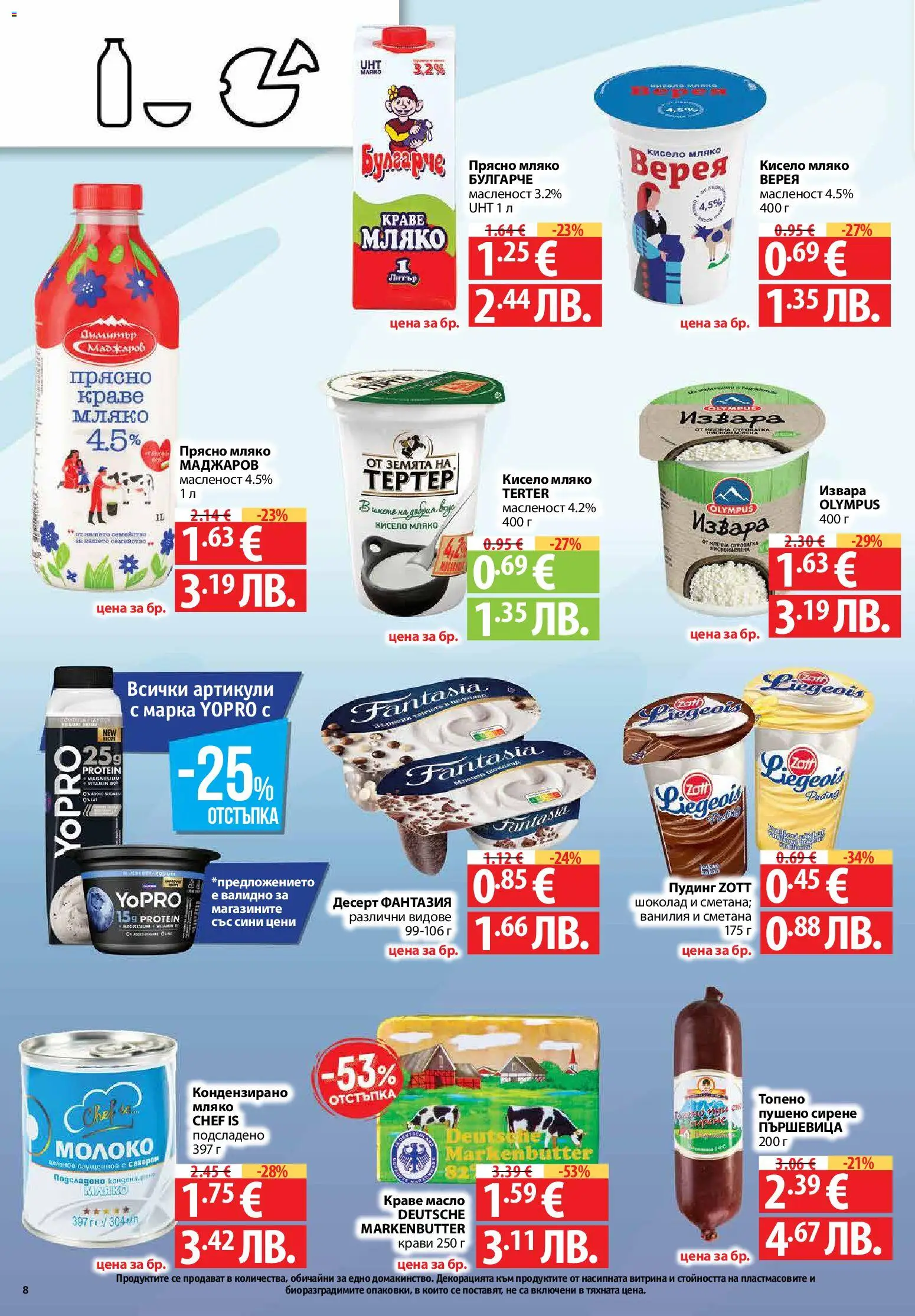 {H1} | Страница: 8 | Продукти: Кисело мляко, Шоколад, Извара, Kayak