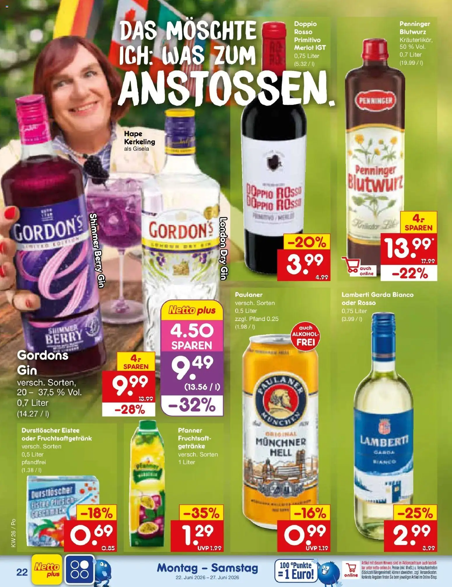 Netto Marken-Discount Prospekt Regensburg – gültig ab 22.06.2026 | Seite: 30 | Produkte: Durstloscher, Merlot, Gin, Fruchtsaft