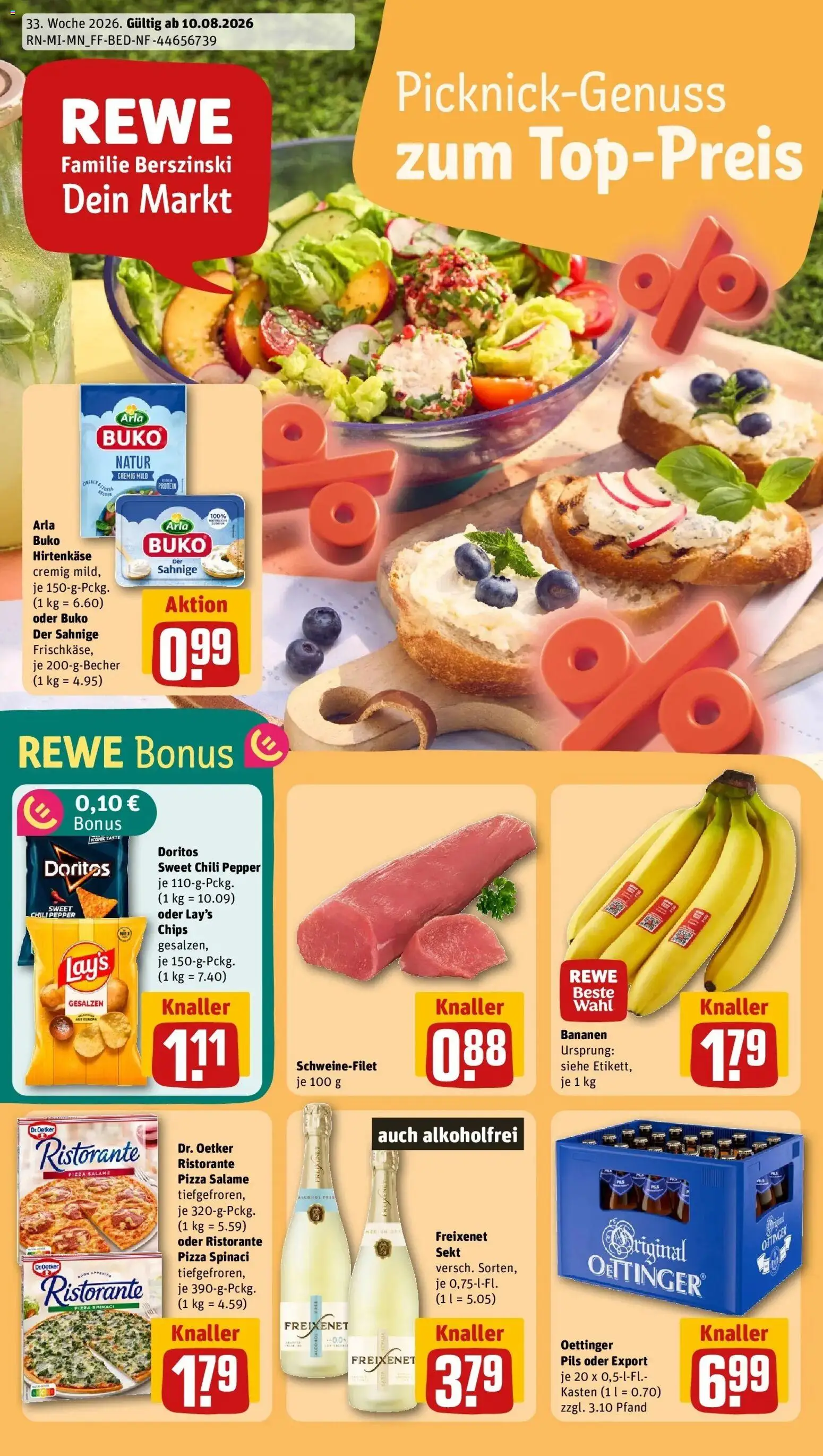 REWE Prospekt ab 10.08.2026 zum Blättern » Angebote | Seite: 1 | Produkte: Freixenet, Oettinger, Arla buko, Pizza