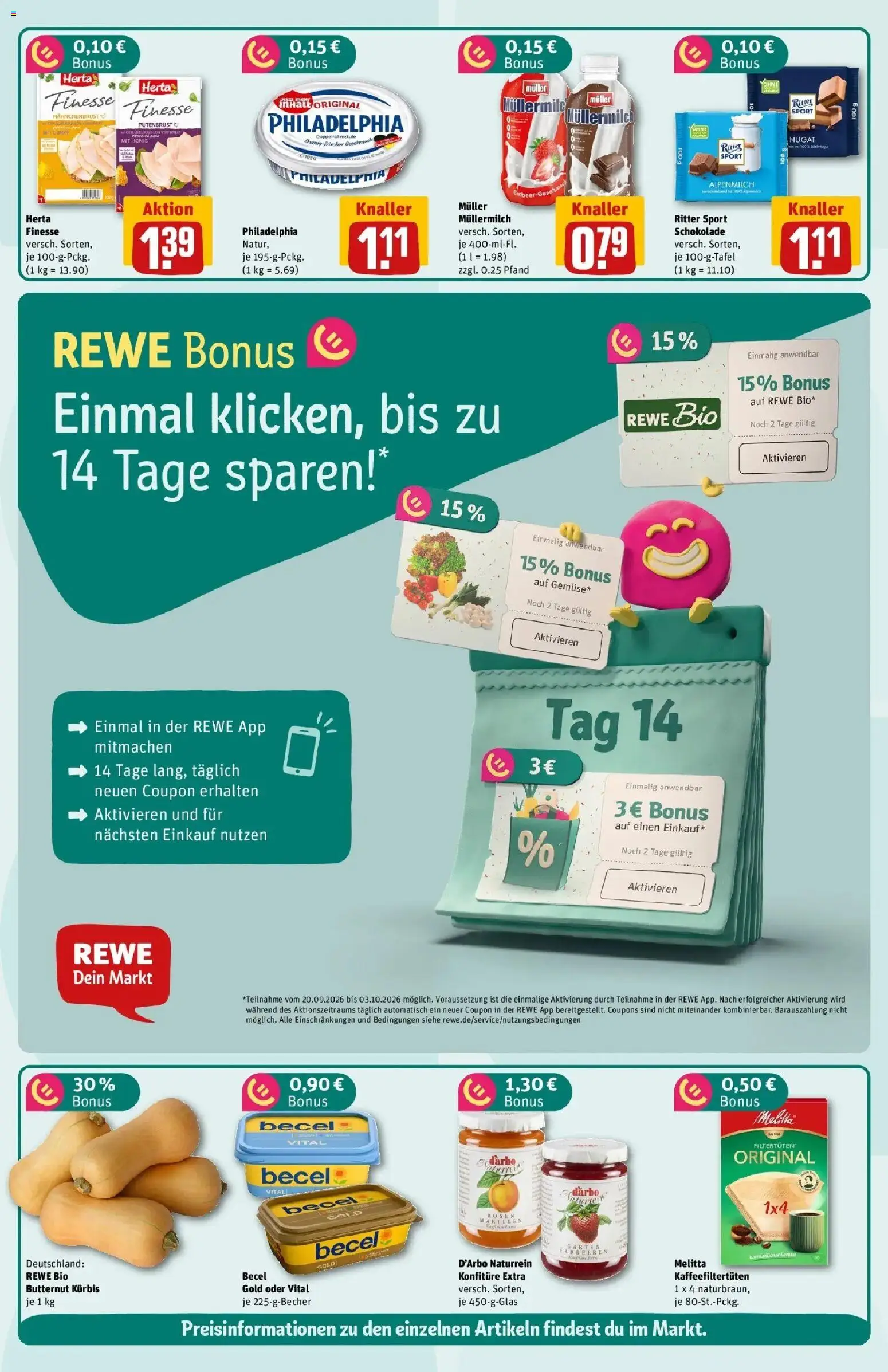 REWE Prospekt ab 21.09.2026 zum Blättern » Angebote | Seite: 2 | Produkte: Becel, Philadelphia, Herta finesse, Hahnchenbrust