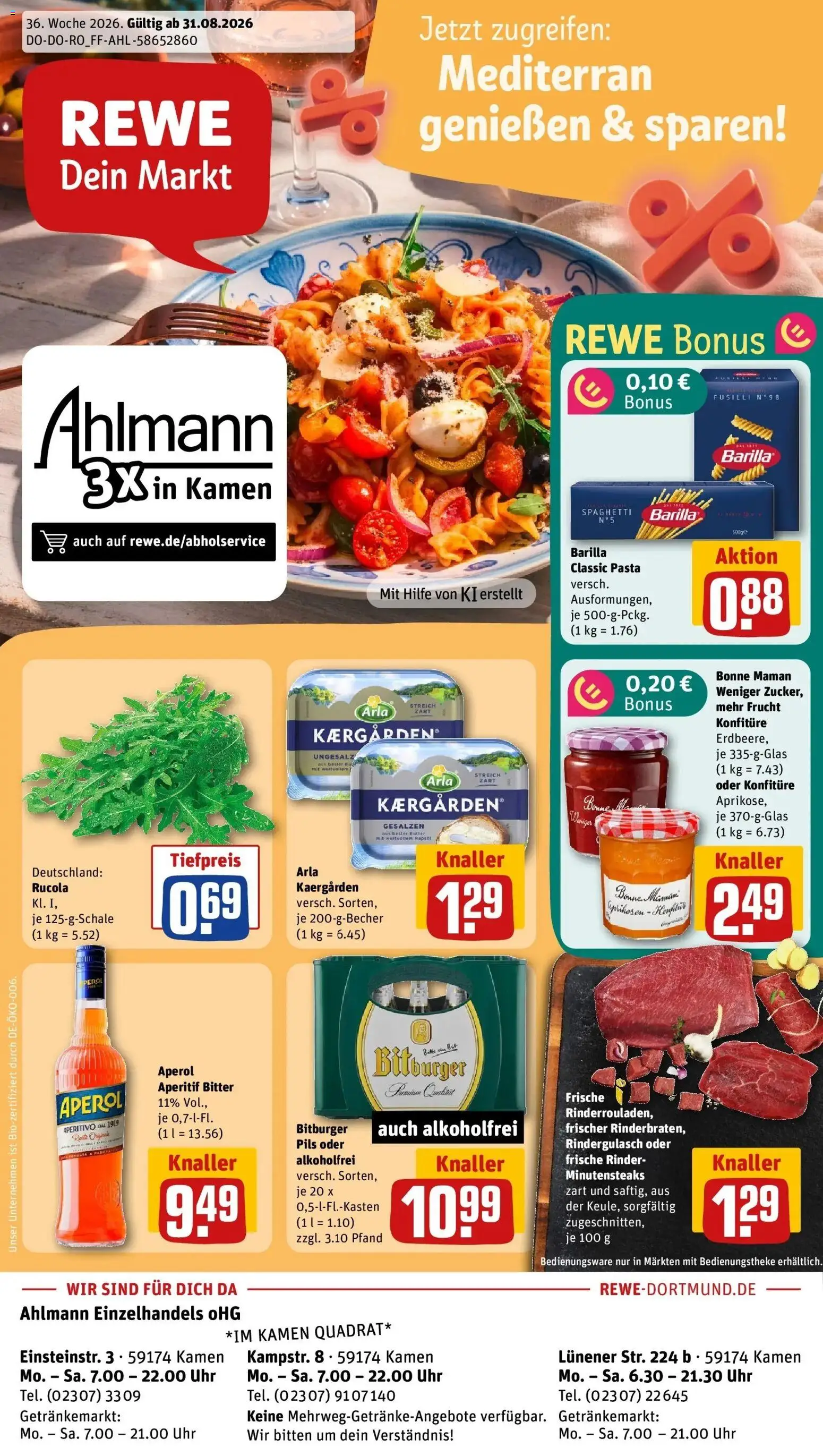 REWE Prospekt ab 31.08.2026 zum Blättern » Angebote | Seite: 1 | Produkte: Bitburger, Rucola, Pils, Aperol