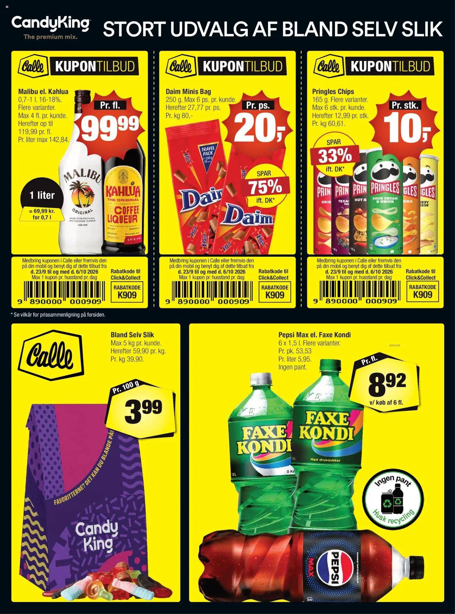 Calle tilbudsavis – gyldig fra 23/09/2026 | Side: 1 | Produkter: Chips, Faxe Kondi, Pepsi, Pepsi Max