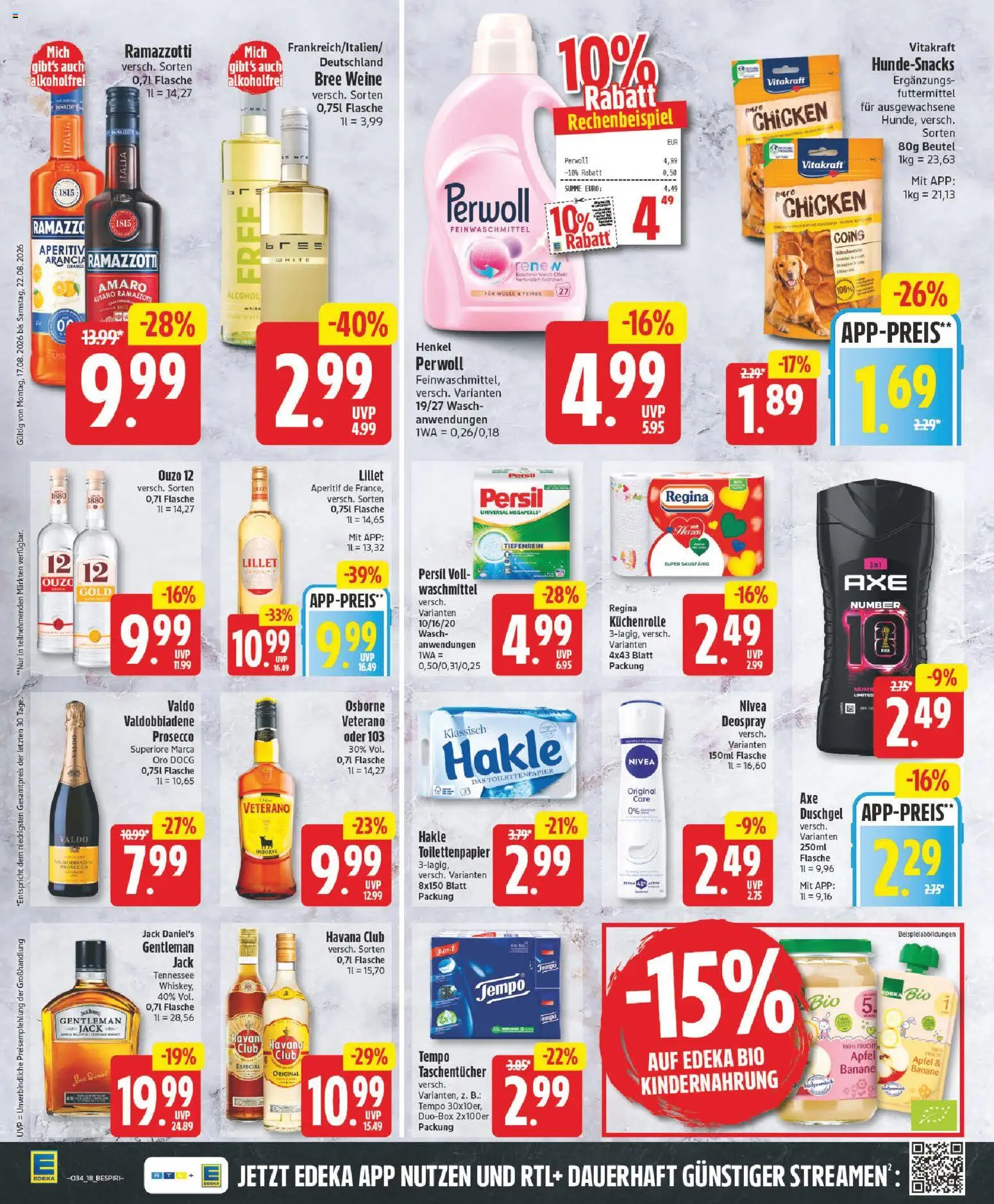 Edeka Prospekt – gültig ab 17.08.2026 | Seite: 18 | Produkte: Ouzo 12, Bree, Jack Daniel's, Lillet
