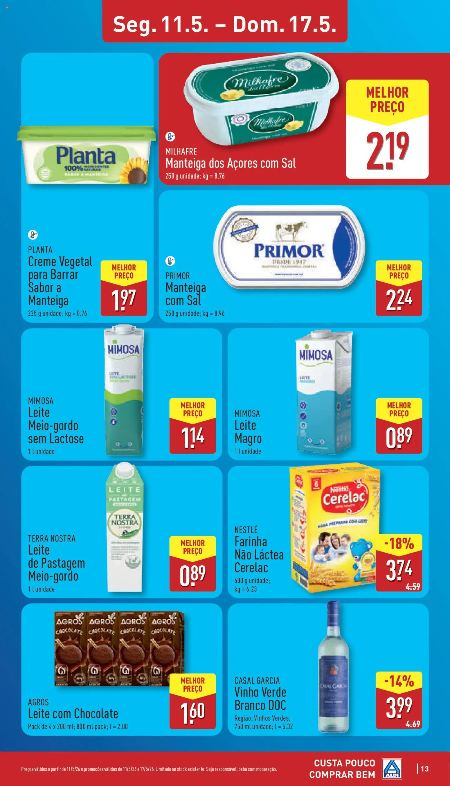 Aldi folheto │ válido de 11.05.2026 | Página: 13 | Produtos: Sal, Manteiga, Chocolate, Vinho
