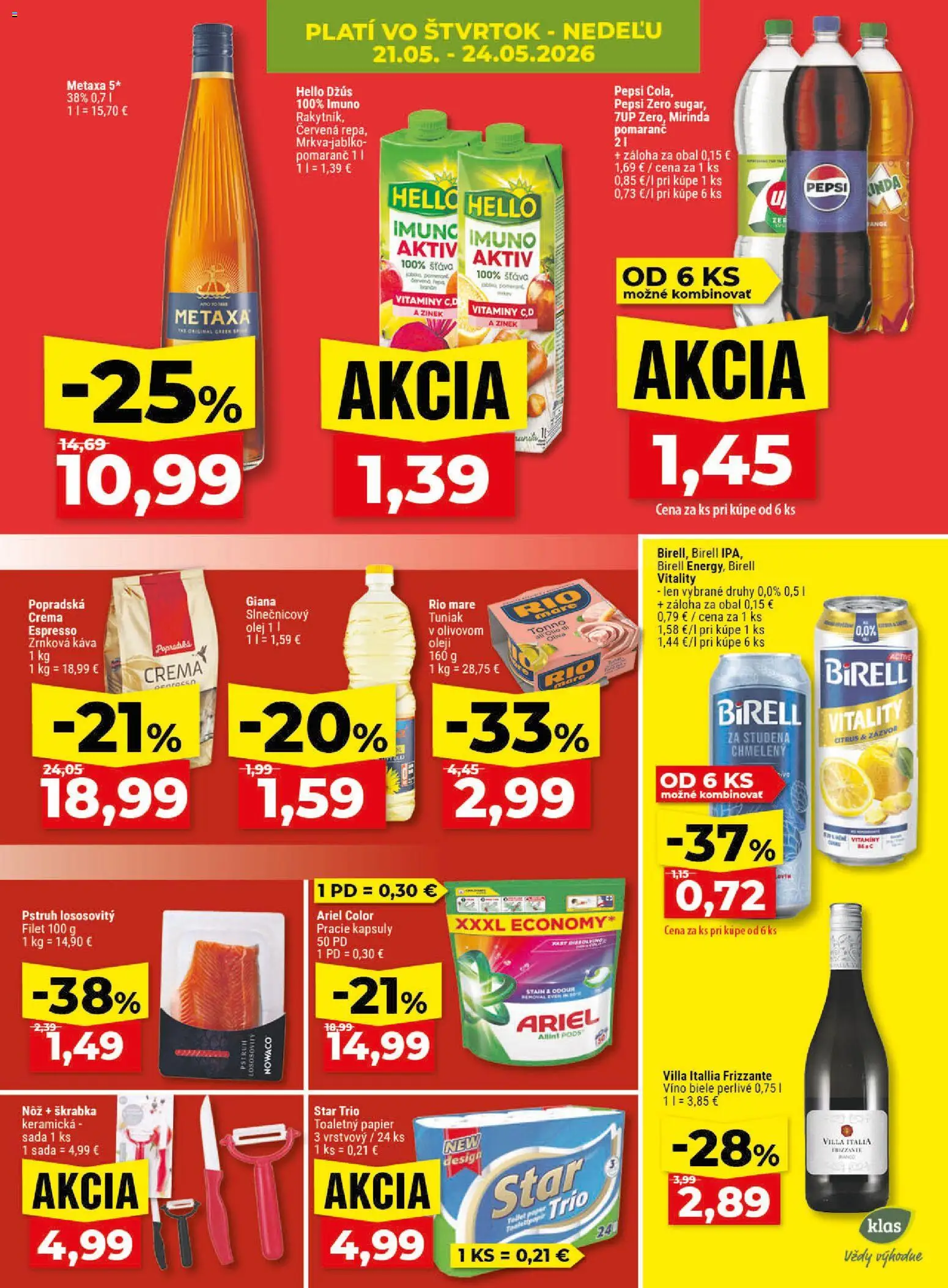 Nové Klas akcie – leták je platný od 18.05.2026 | Strana: 28 | Produkty: Káva, Birell, Ariel, Mirinda