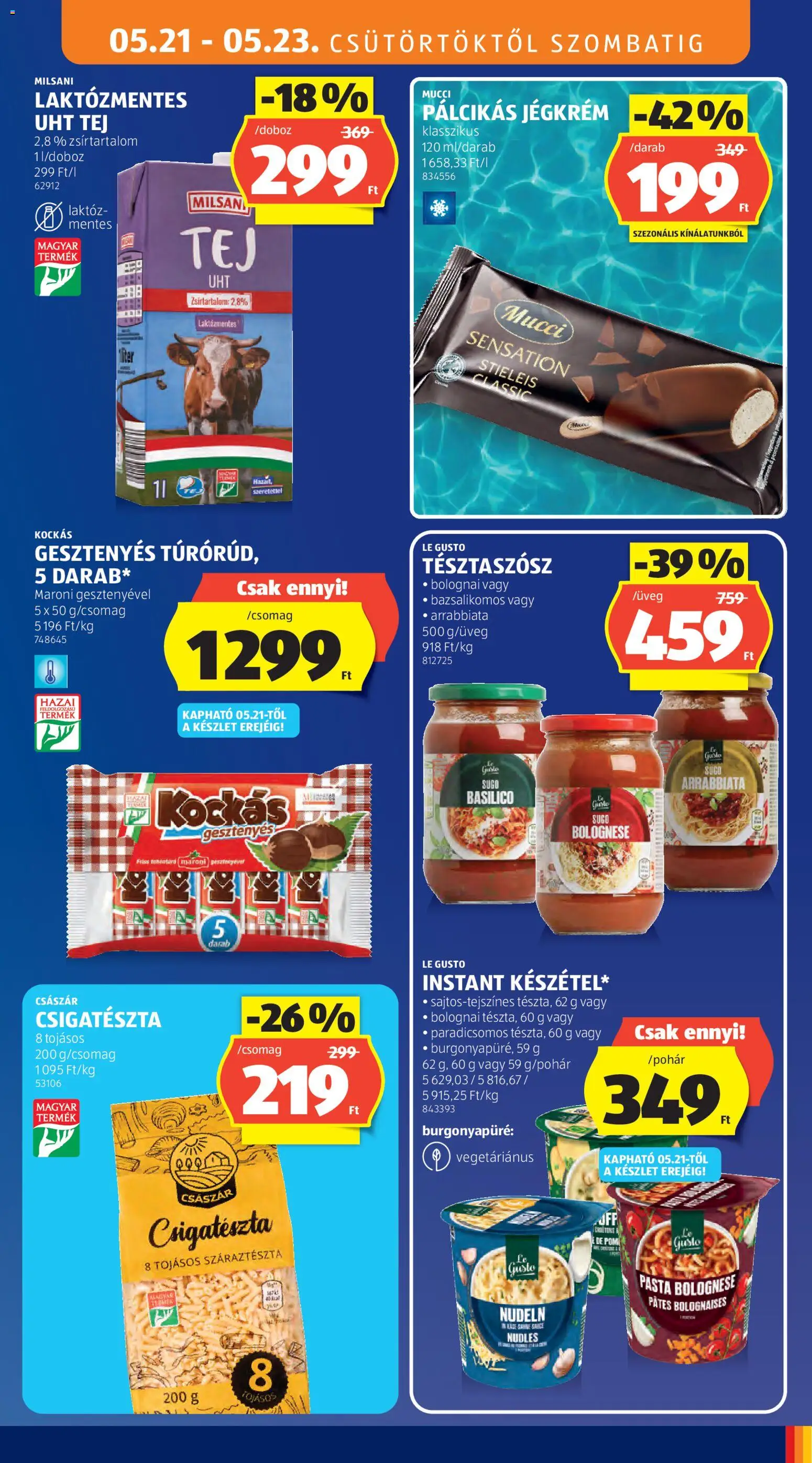 Aldi akciós ujság - amely érvényes a következő dátumtól: 21.05.2026 | Oldal: 13 | Termékek: Doboz, Száraztészta, Jégkrém, Pálcikás jégkrém