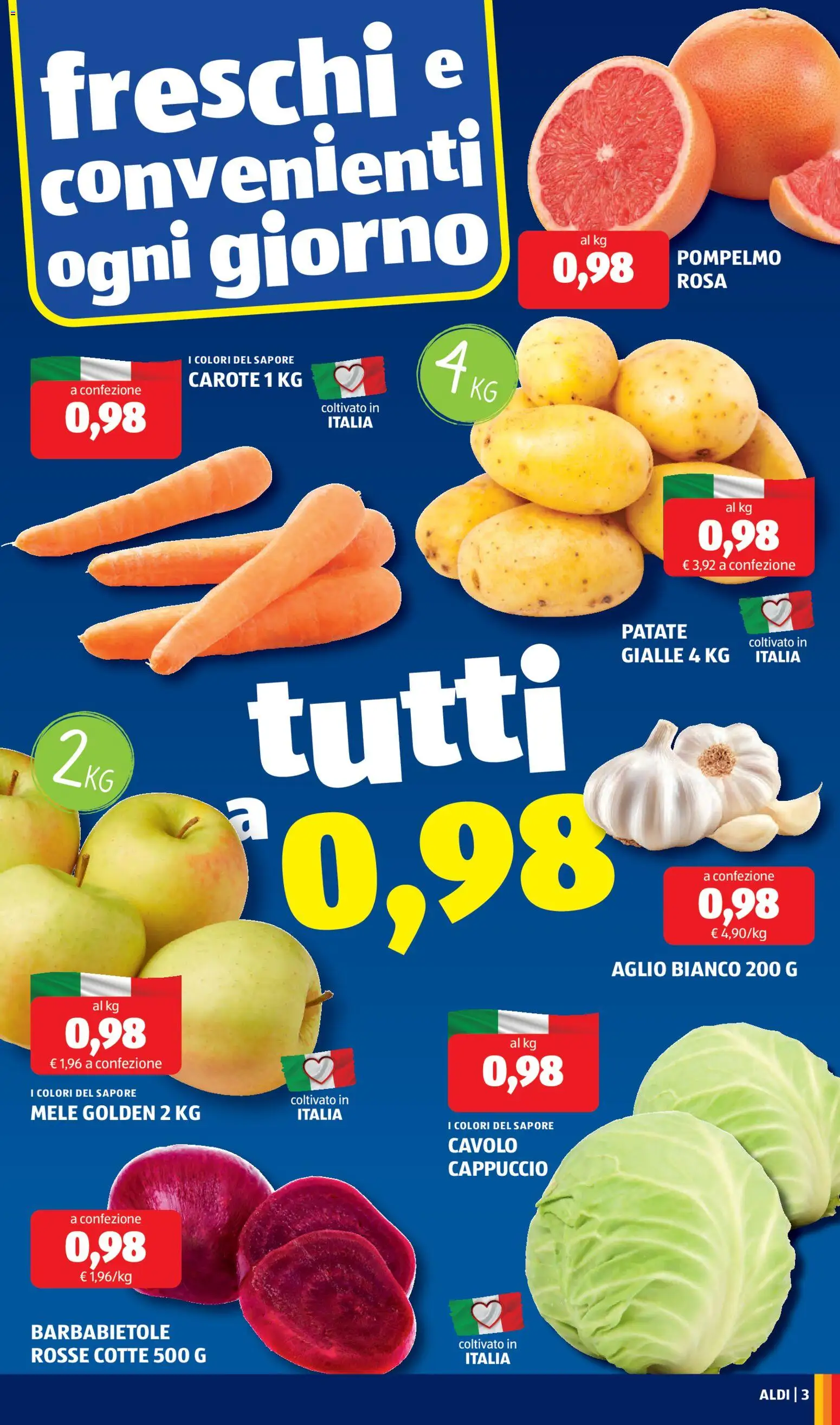 Volantino Aldi del 16.03.2026 | Pagina: 3 | Prodotti: Mele, Patate, Carote, Cappuccio