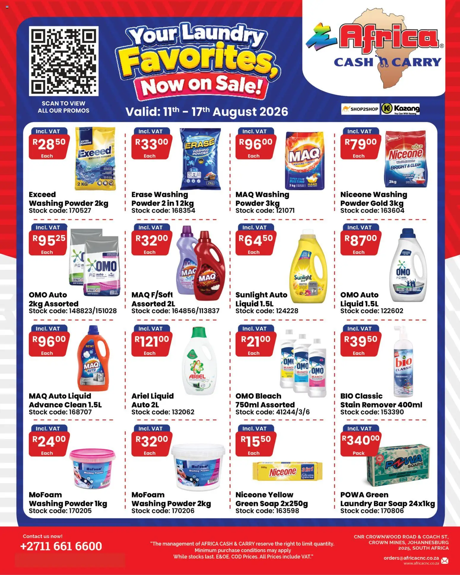 New Africa Cash & Carry catalogue – valid from 11/08/2026 | Page: 1 | Products: Bleach, Powder, Washing powder, Stain remover