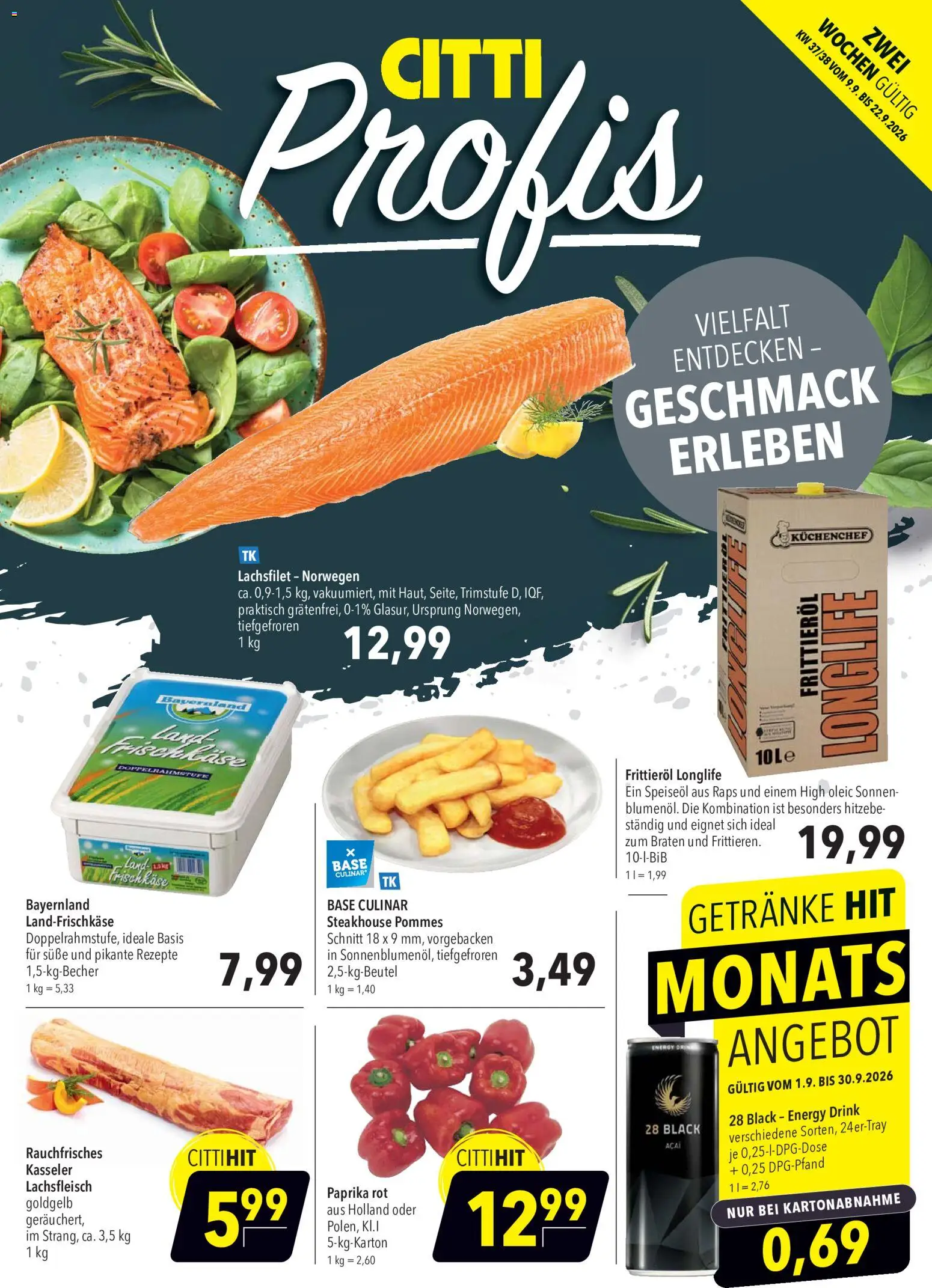 CITTI Markt Aktuelle Angebote für Profis – gültig ab 09.09.2026 | Seite: 1 | Produkte: Energy, Paprika, Frischkase, Frittieröl