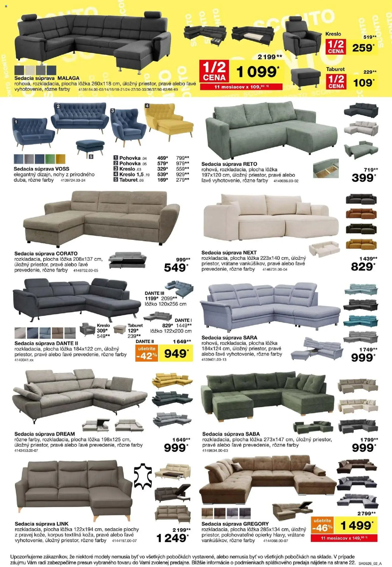 Nové Sconto nábytok akcie – leták je platný od 22.04.2026 | Strana: 2 | Produkty: Sedacia súprava, Pohovka, Taburet, Kreslo