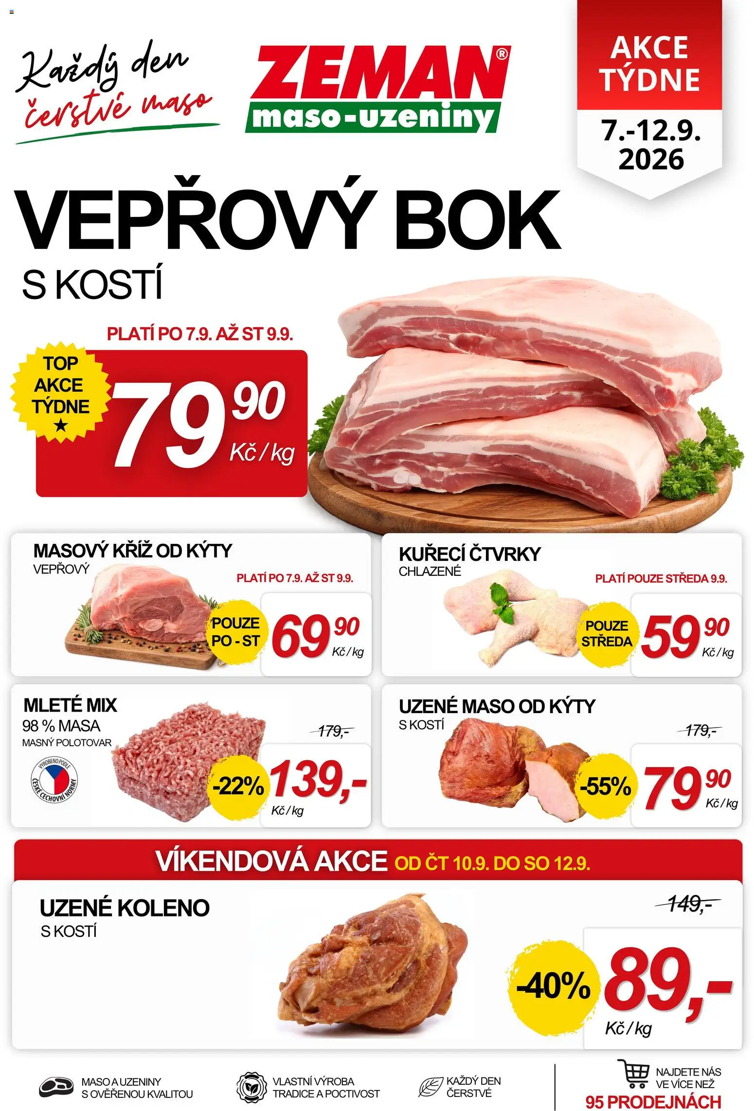 Prodejny Zeman aktuální leták od 07.09.2026 | Strana: 1 | Produkty: Uzené maso, Vepřový bok, Uzeniny, Uzené koleno