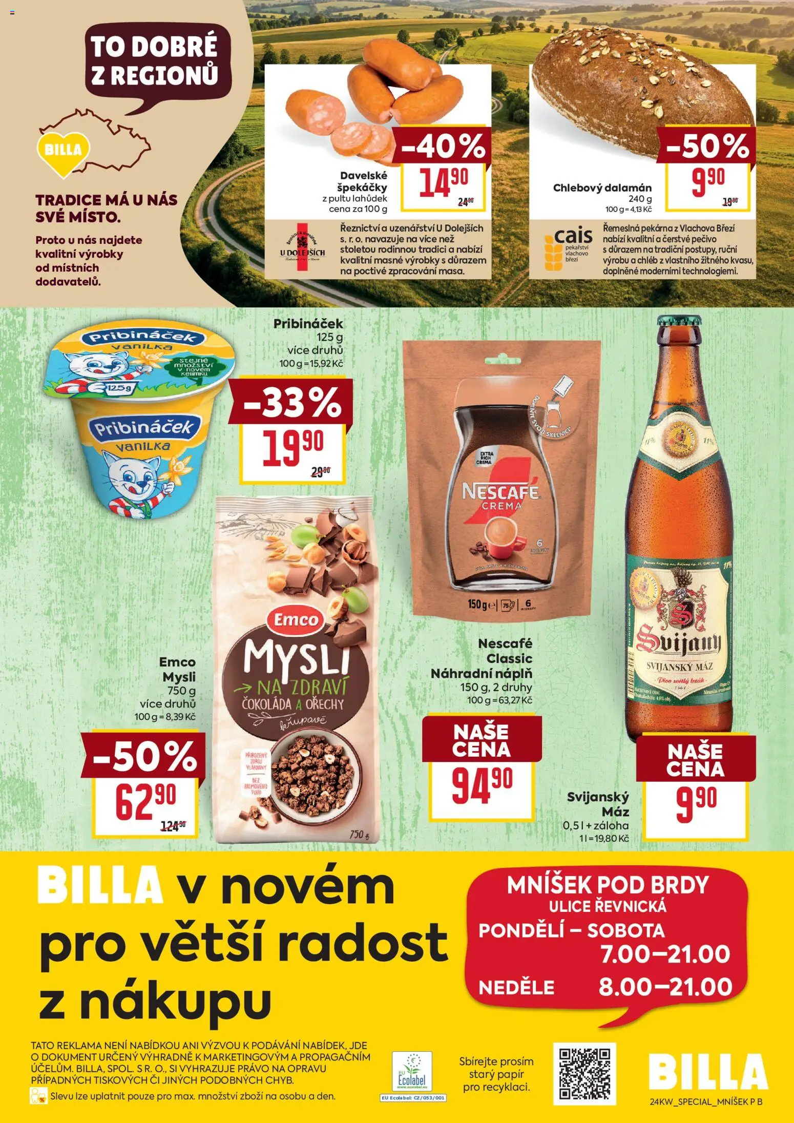 Billa leták - Mníšek pod Brdy od 10.06.2026 | Strana: 2 | Produkty: Čokoláda, Špekáčky, Pekárna, Mysli