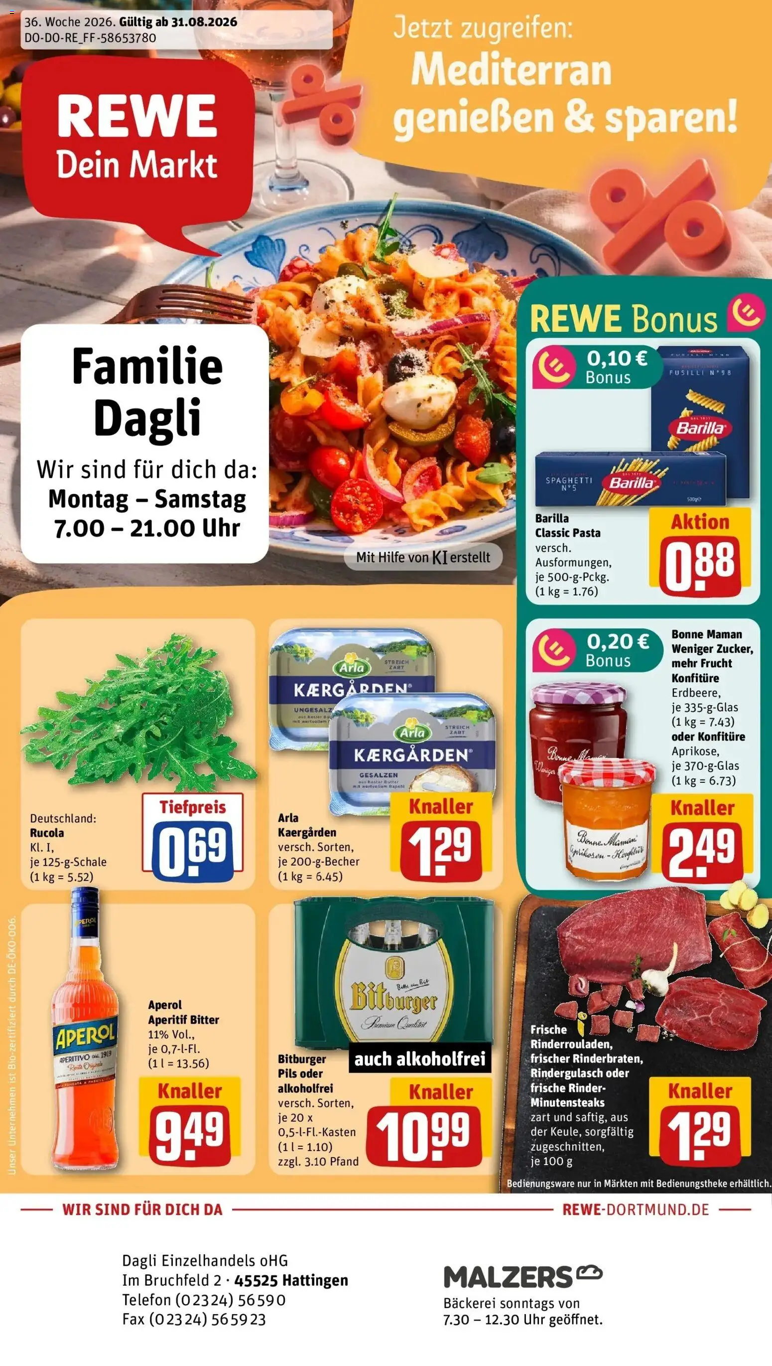 REWE Prospekt ab 31.08.2026 zum Blättern » Angebote | Seite: 1 | Produkte: Spaghetti, Aperol, Telefon, Uhr