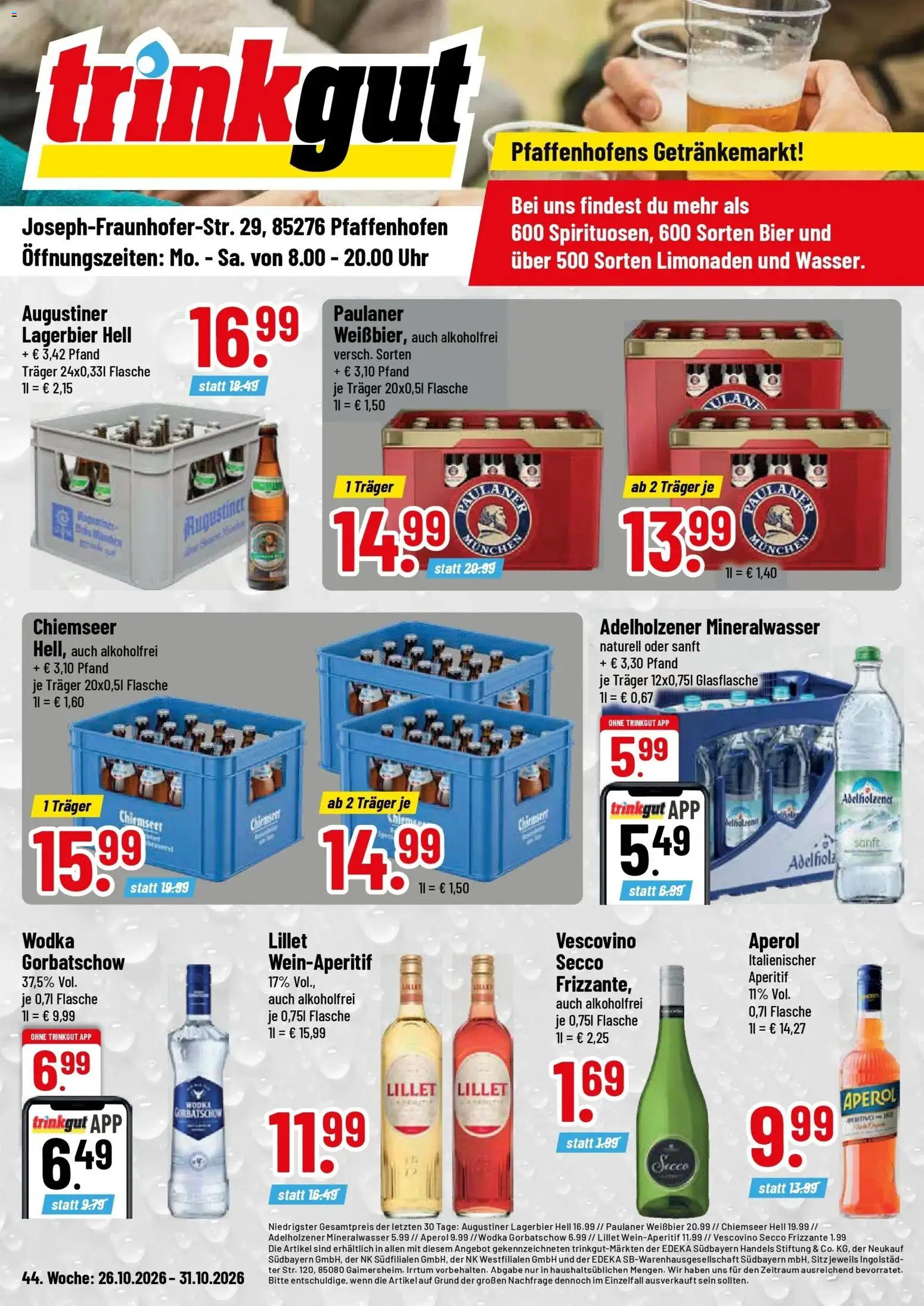 Trinkgut Prospekt Pfaffenhofen/Ilm (ab 26.10.2026) » Angebote online | Seite: 1 | Produkte: Mineralwasser, Lillet, Aperol, Paulaner
