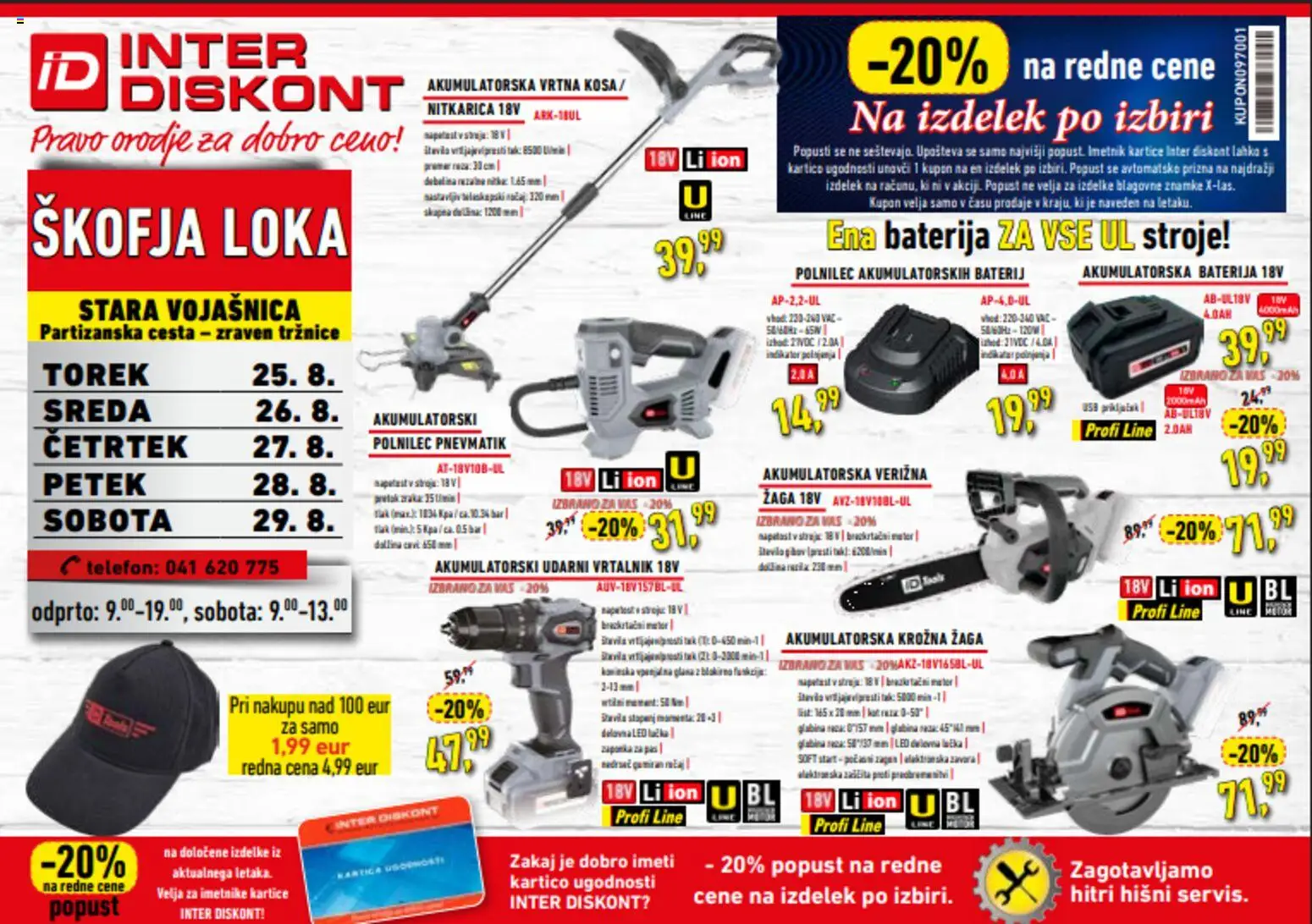 Novi Inter Diskont katalog ponudbe – veljaven od 25.08.2026 | Stran: 1 | Izdelki: Telefon, Baterija, Vrtalnik, Krožna žaga