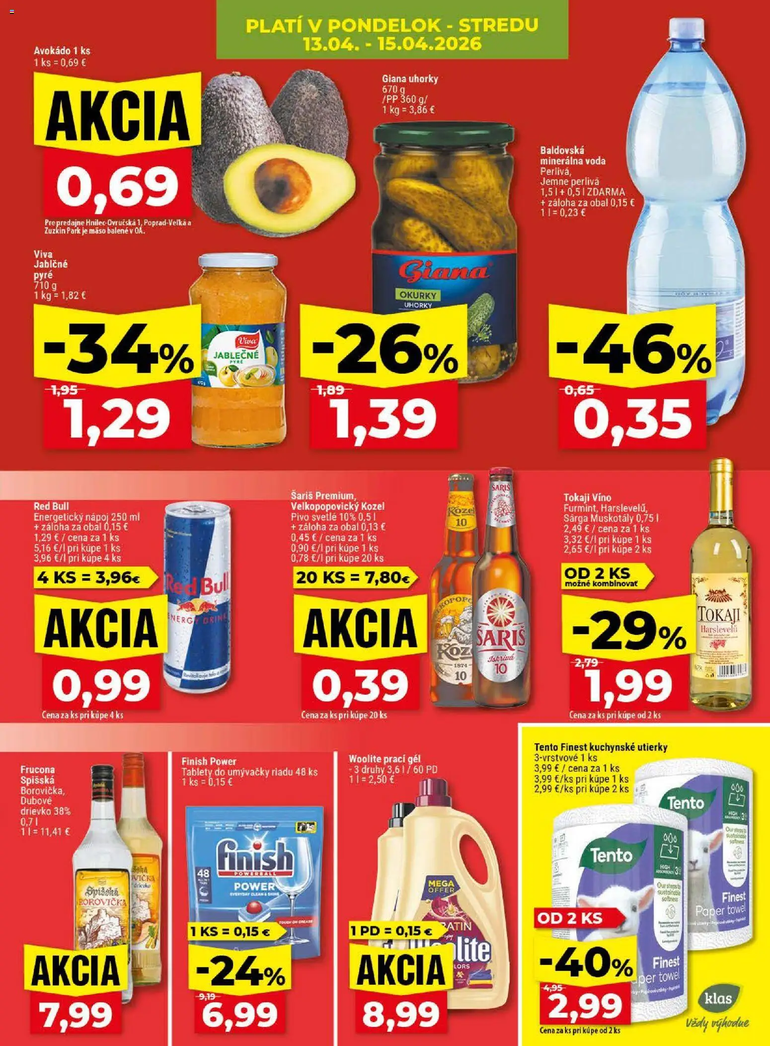 Nové Klas akcie – leták je platný od 13.04.2026 | Strana: 5 | Produkty: Red Bull, Woolite, Voda, Baldovská