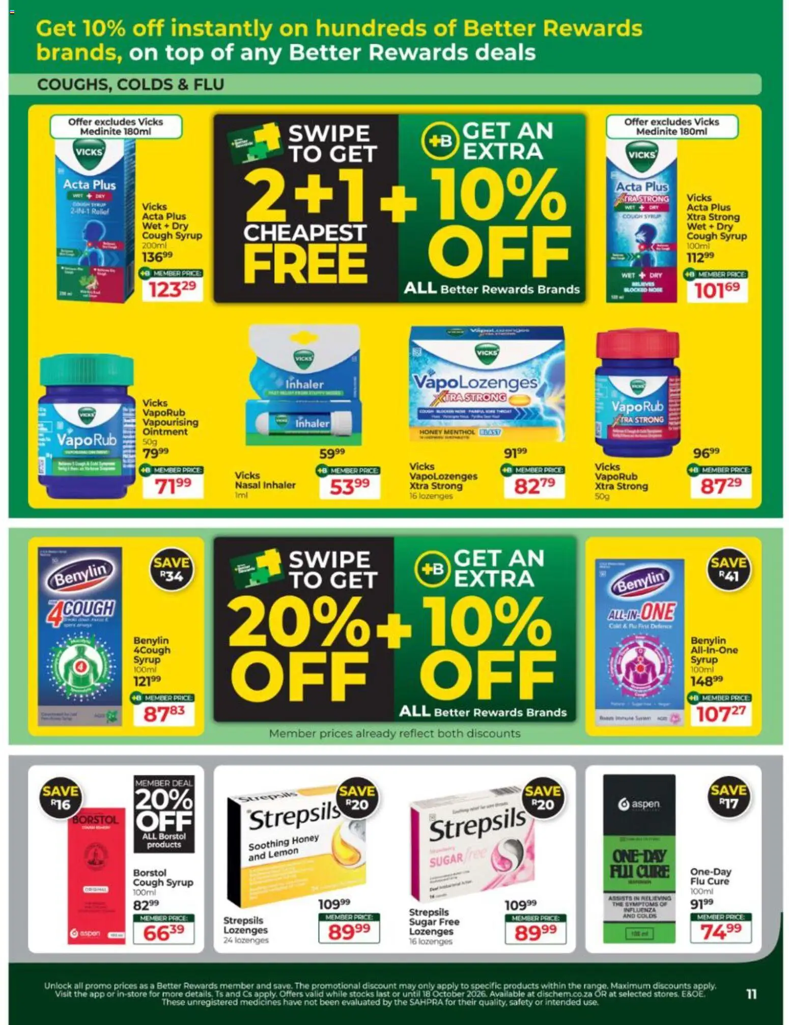 New Dis-Chem catalogue – valid from 15/09/2026 | Page: 11 | Products: Cough syrup, Lozenges, Syrup, Sugar
