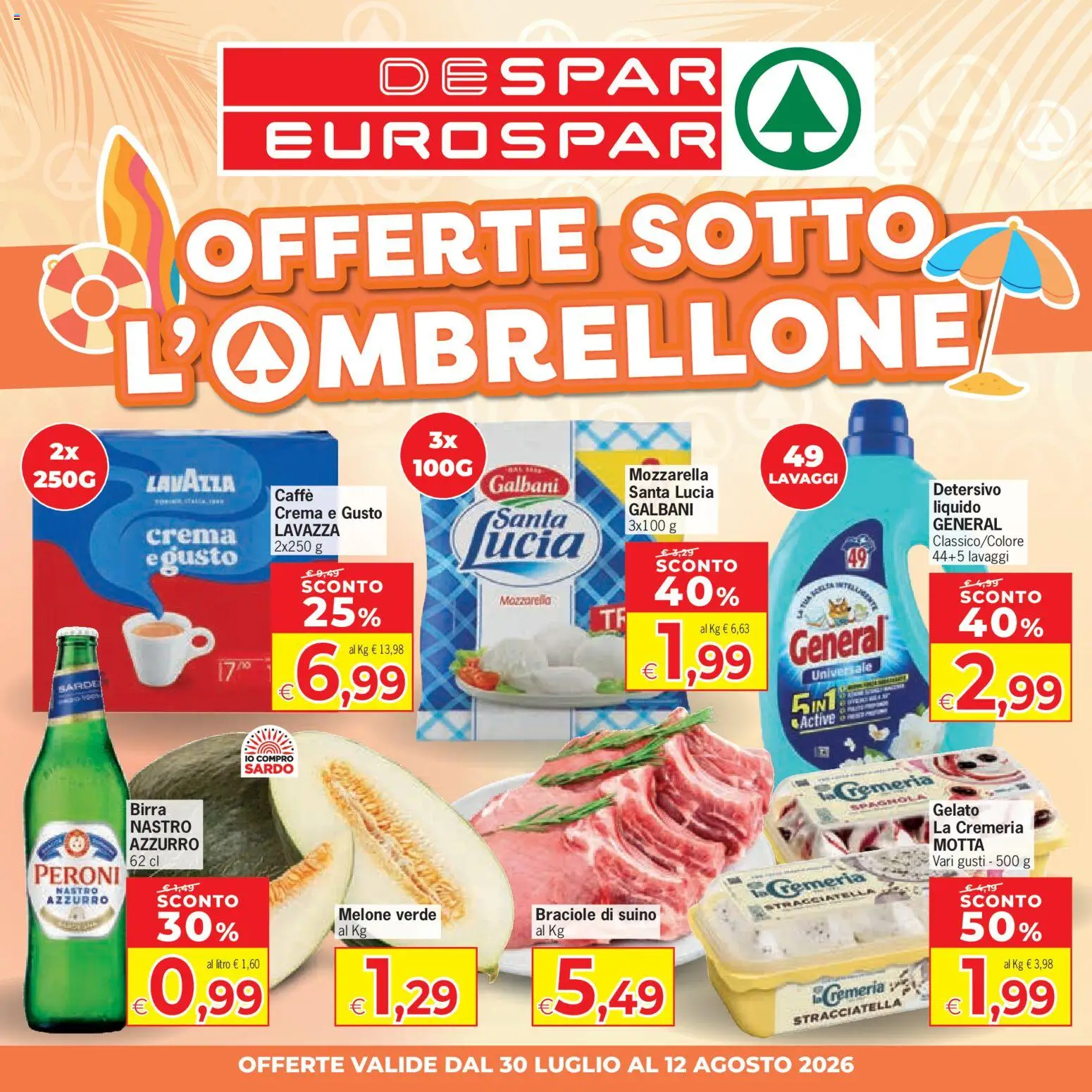 Volantino Despar del 30/07/2026 | Pagina: 1 | Prodotti: Gelato, Suino, Mozzarella, Melone