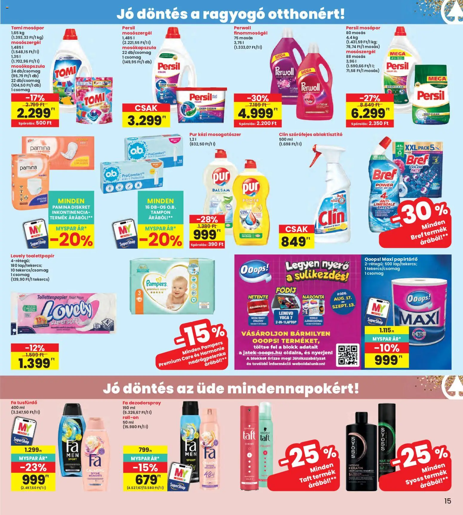 Interspar akciós ujság - amely érvényes a következő dátumtól: 2026.08.19. | Oldal: 15 | Termékek: Toalettpapír, Bref, FA, Gél