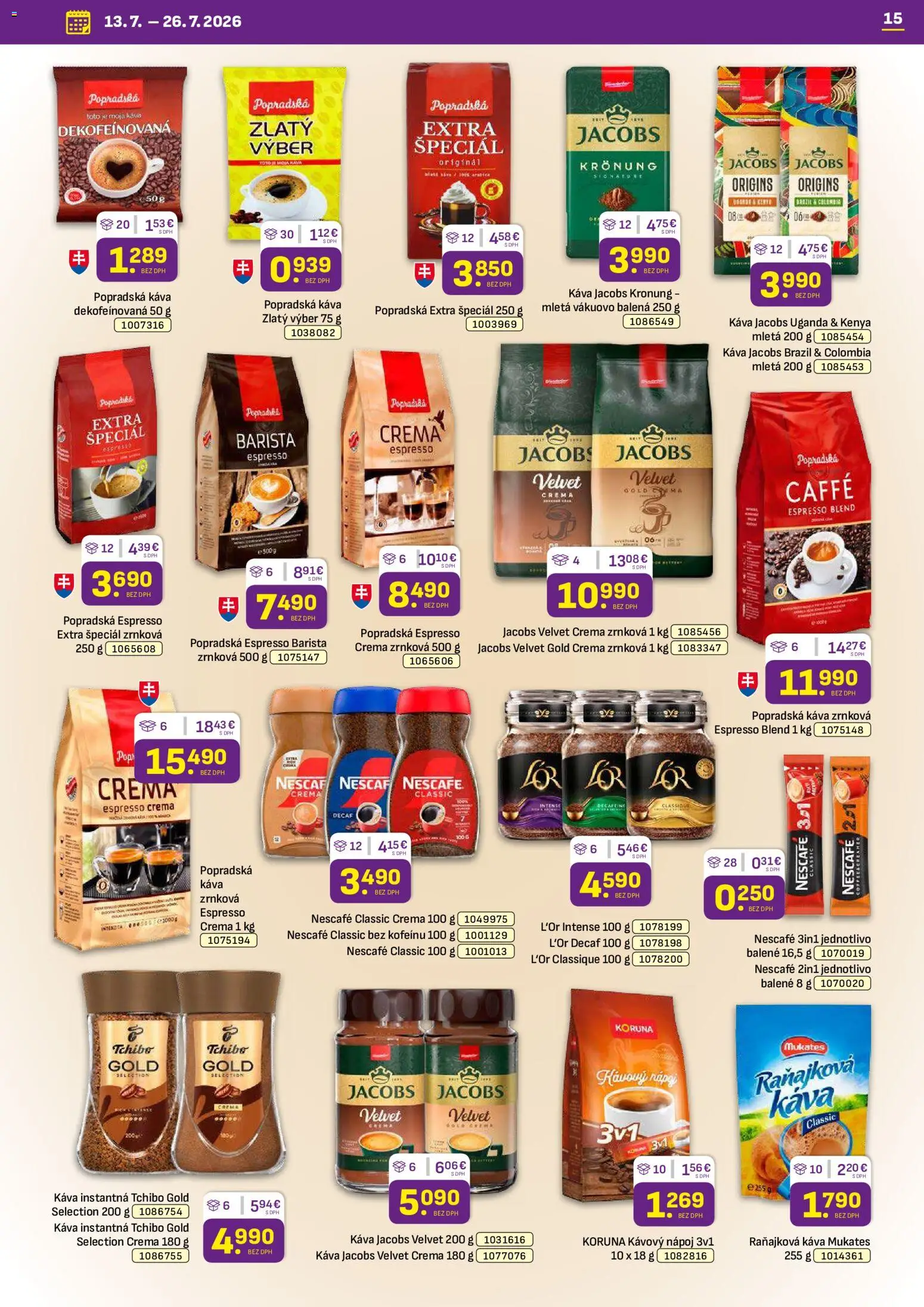 Nové Libex akcie – leták je platný od 13.07.2026 | Strana: 15 | Produkty: Káva, Jacobs Krönung, Nescafé Classic, Nescafé Crema