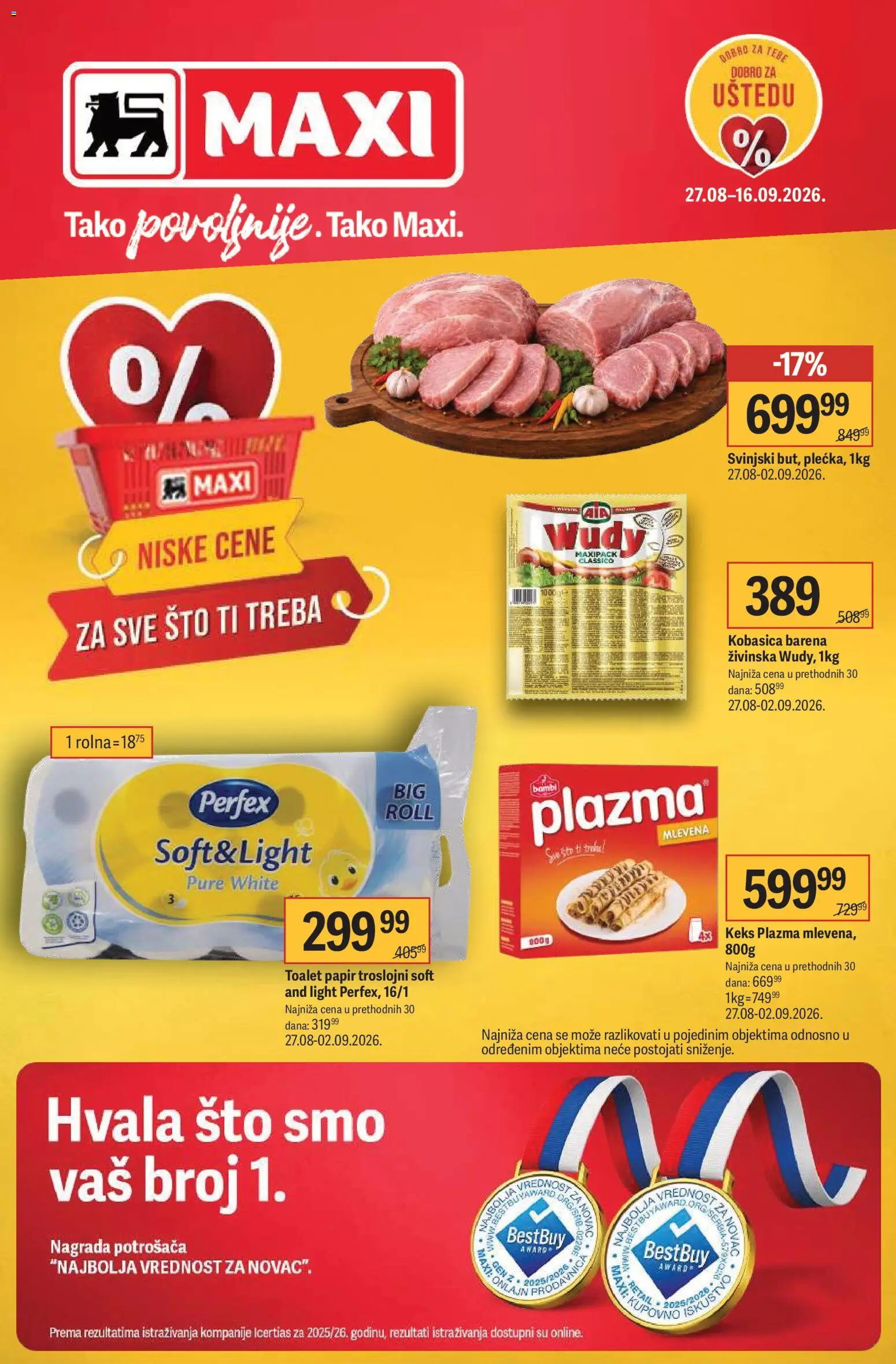 Maxi katalog - važi od 27.08.2026 | Strana: 1 | Proizvode: Toalet papir, Sto, Šolja, Kobasica