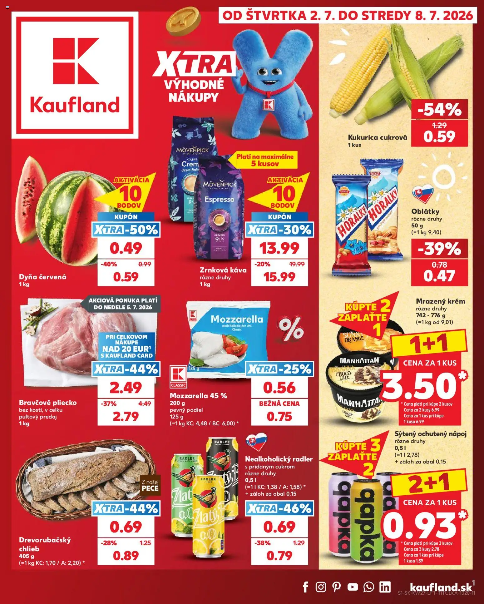 Nové Kaufland akcie – leták je platný od 02.07.2026 | Strana: 1 | Produkty: Káva, Radler, Krém, Kukurica