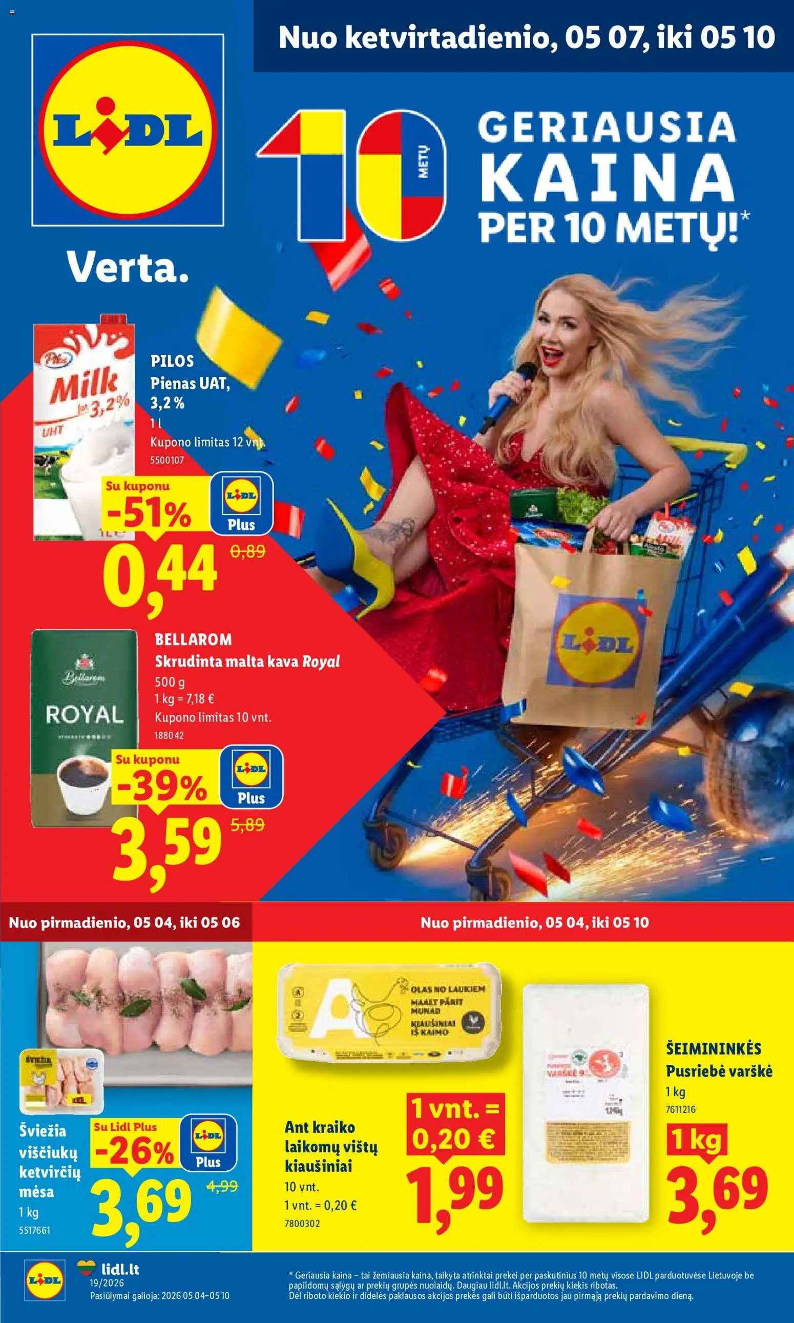 LIDL akcijos nuo 04.05.2026 | Puslapis: 1 | Prekių: Pienas, Viščiukų, Varškė, Kava