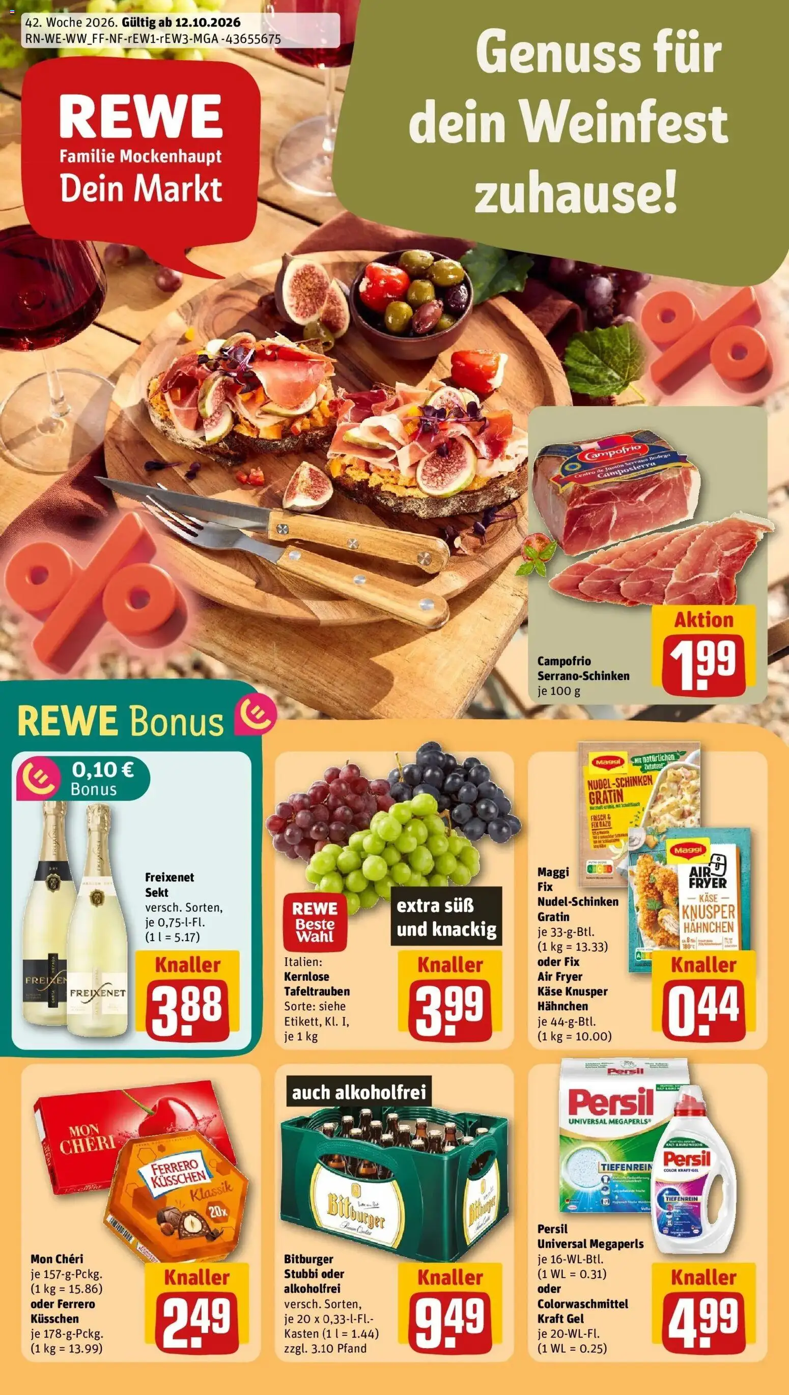 REWE Prospekt ab 12.10.2026 zum Blättern » Angebote | Seite: 1 | Produkte: Hahnchen, Sekt, Persil, Mon cheri