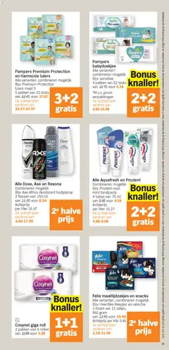 Felix maaltijdzakjes en snacks, Alle varianten, combineren mogelijk Bijv. Heerlijke Reepjes vis selectie 2 dozen van 12 zakjes, 960 gram - Voorbeeld van een folder van Albert Heijn, geldig van 27.04.2026 | Pagina: 25 | Producten: Vis, Pampers, Tandpasta, Kan