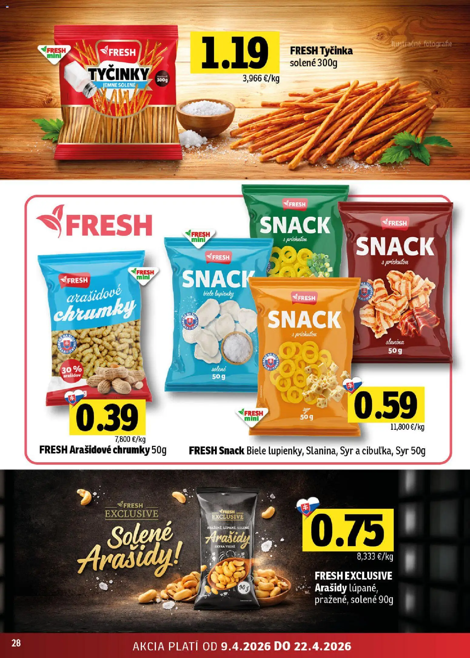 Nové Fresh akcie – leták je platný od 09.04.2026 | Strana: 28 | Produkty: Syr, Slanina, Arašidy