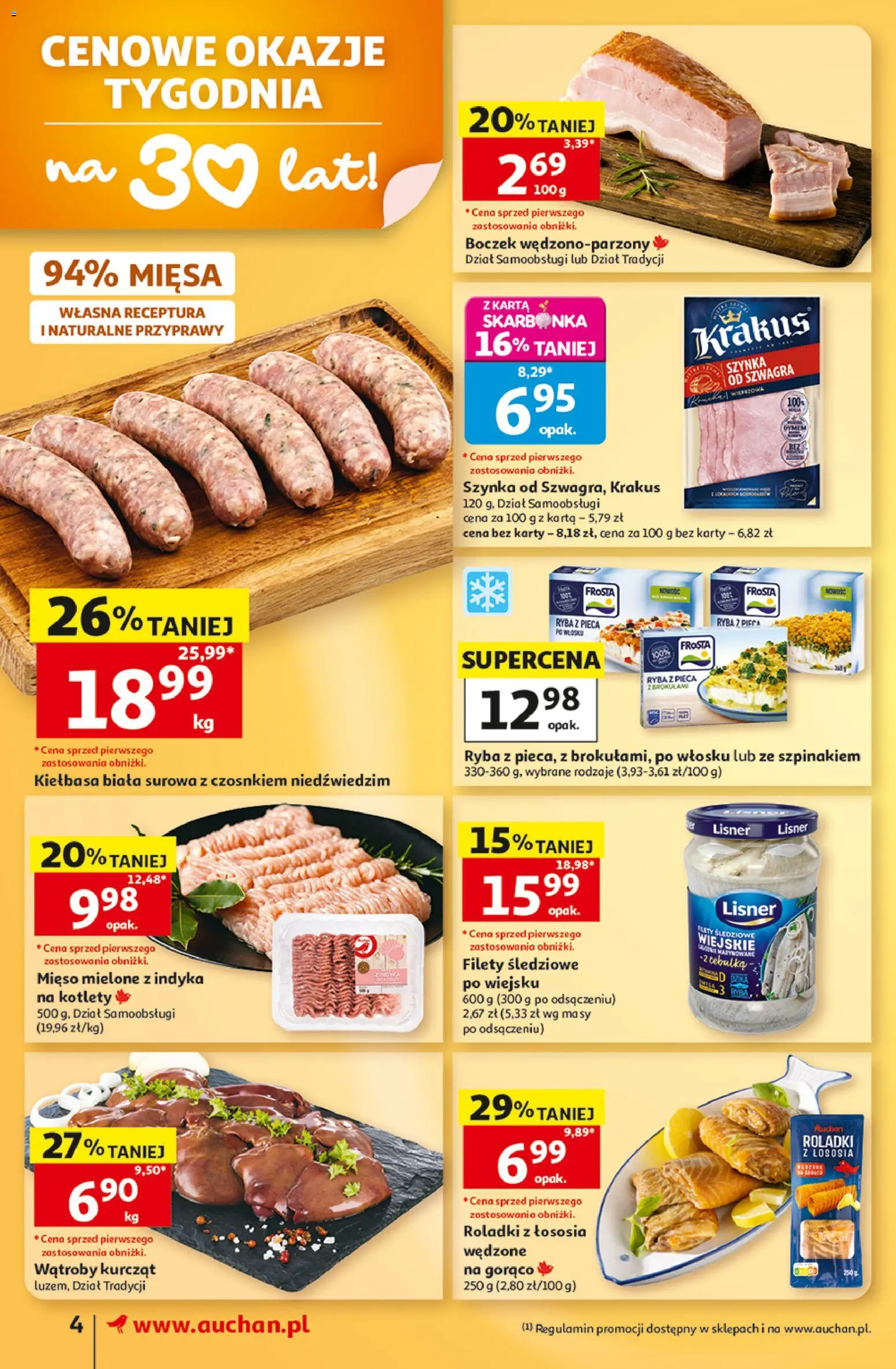 Auchan gazetka od 15.10.2026 | Strona: 4 | Produkty: Mięso, Ryba z pieca, Kiełbasa biała surowa, Ryba