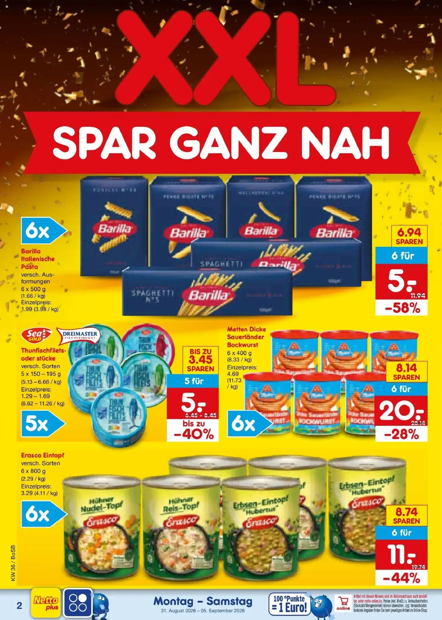 Netto Marken-Discount Prospekt Stadtlohn – gültig ab 31.08.2026 | Seite: 4 | Produkte: Bockwurst, Barilla, Spaghetti, Erasco