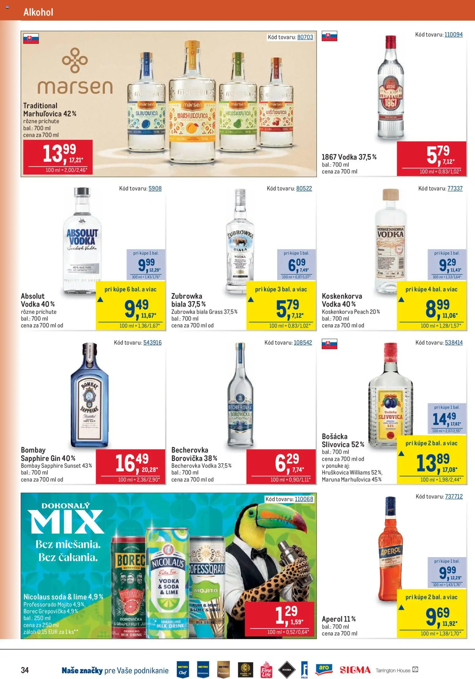 Nové Metro akcie – leták je platný od 09.09.2026 | Strana: 34 | Produkty: Borovička, Slivovica, Grapefruit, Aperol
