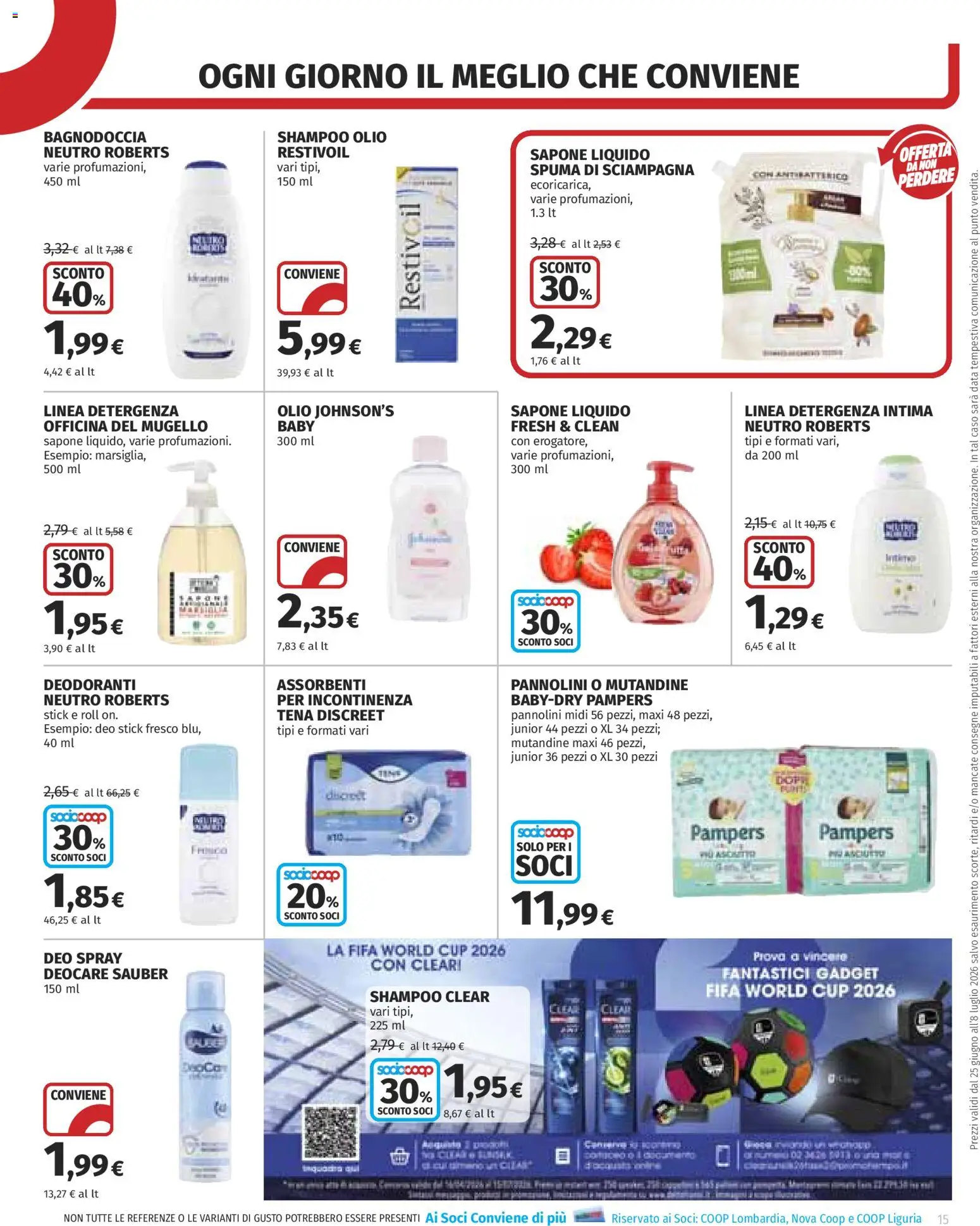 Volantino COOP del 25/06/2026 | Pagina: 15 | Prodotti: Shampoo, Pannolini, Sapone, Mutandine