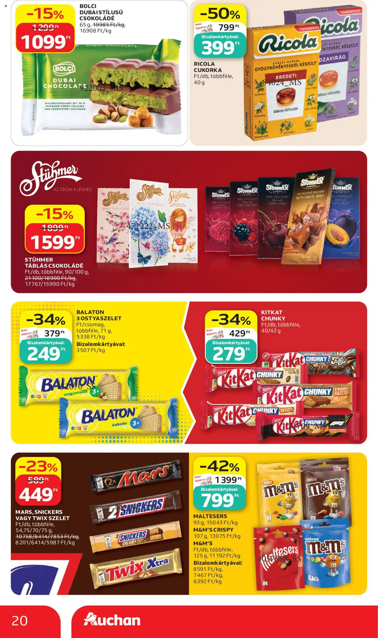 Auchan akciós ujság - amely érvényes a következő dátumtól: 28.05.2026 | Oldal: 20 | Termékek: Ostyaszelet, Snickers, Csokoládé, Cukorka