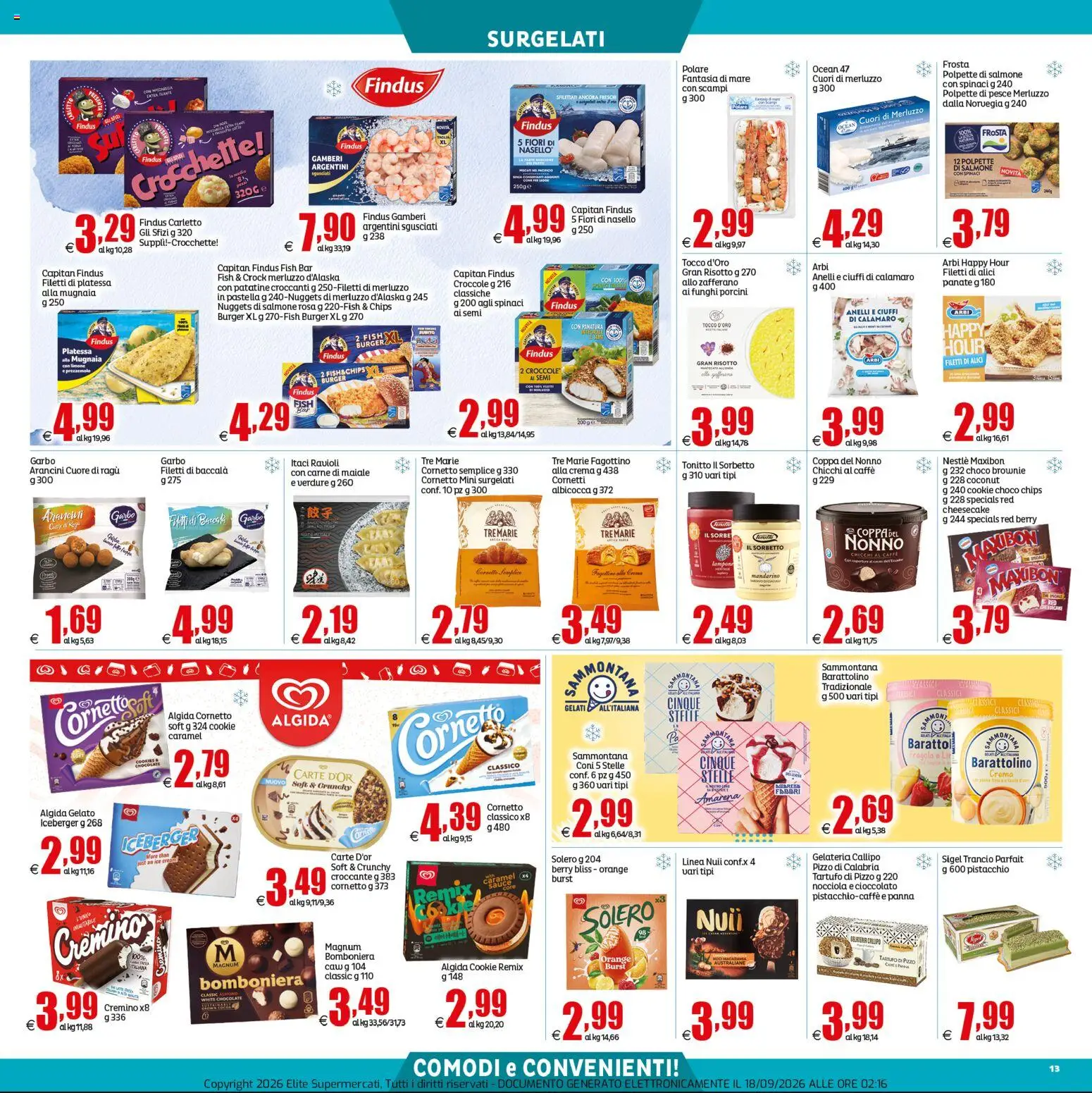 Volantino Elite Supermercati del 18/09/2026 | Pagina: 13 | Prodotti: Cioccolato, Merluzzo, Ravioli, Polpette