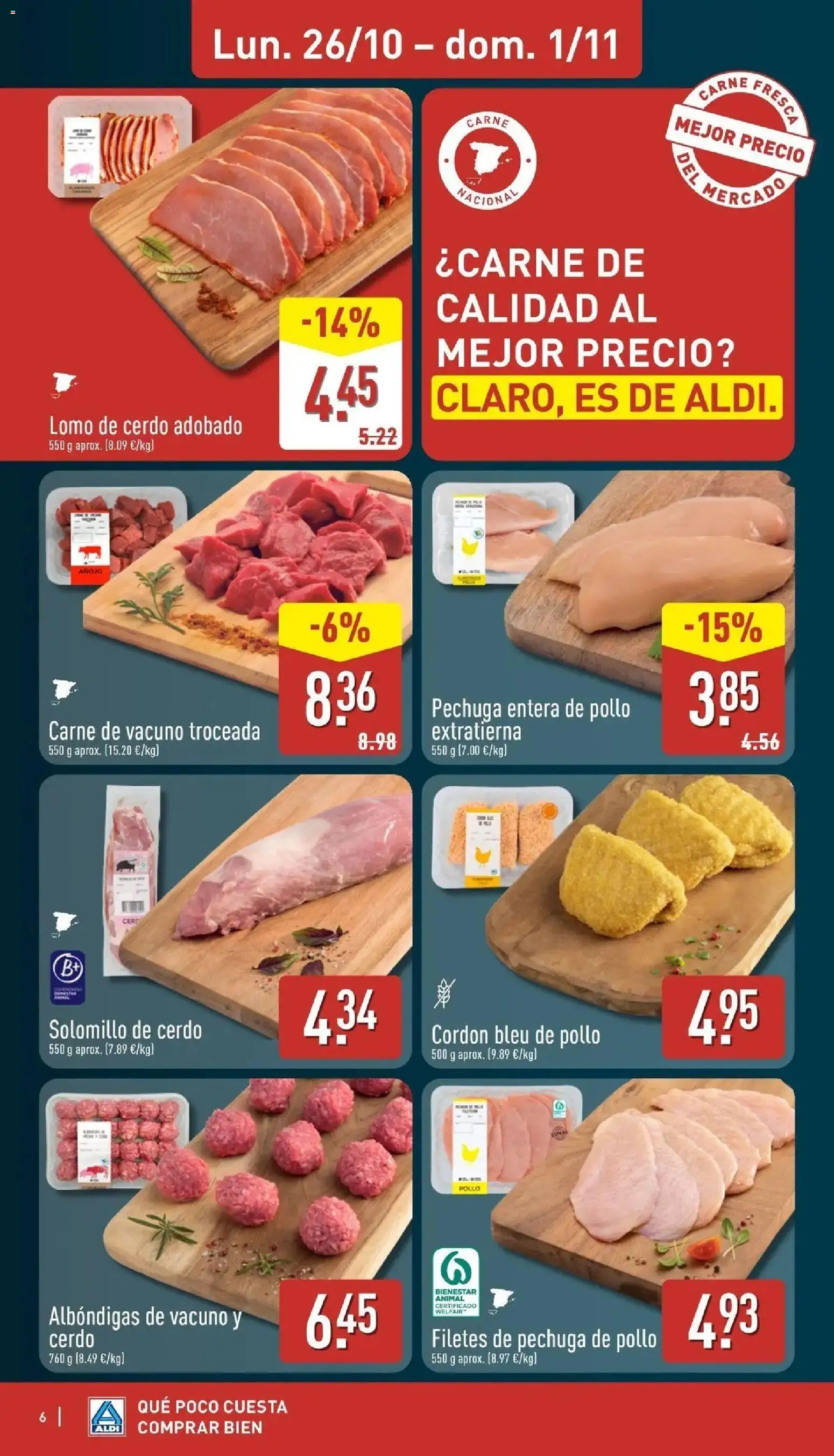 Aldi - Qué poco cuesta comprar bien │ válido desde el 26/10/2026 | Página: 6 | Productos: Filetes de pechuga de pollo, Filetes de pechuga, Lomo de cerdo, Carne